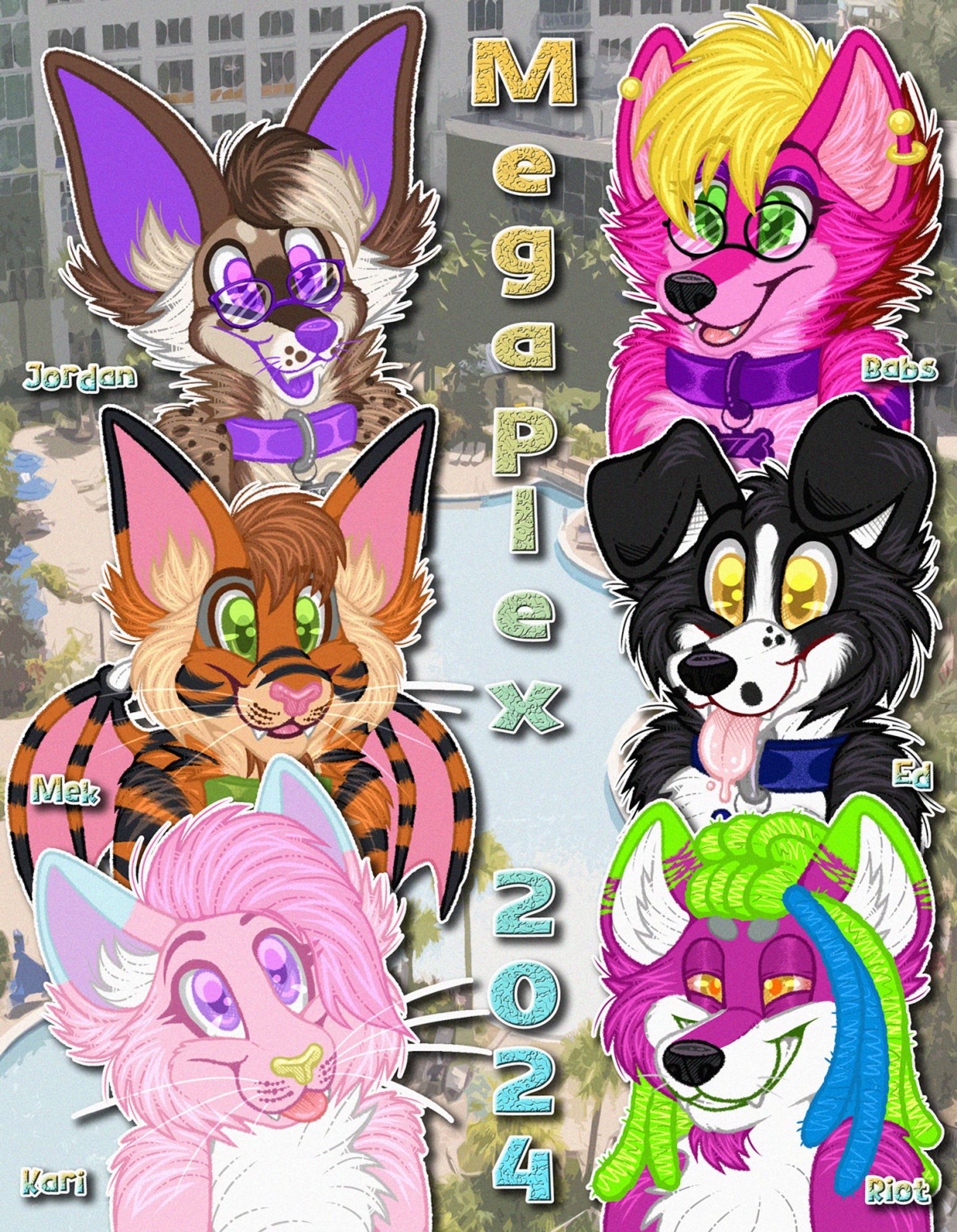 A Megaplex 2024 room sign to be placed on the hotel door. It features six furry characters with the text Megaplex 2024 vertically going down the middle. The background is the Hyatt Regency Orlando hotel.