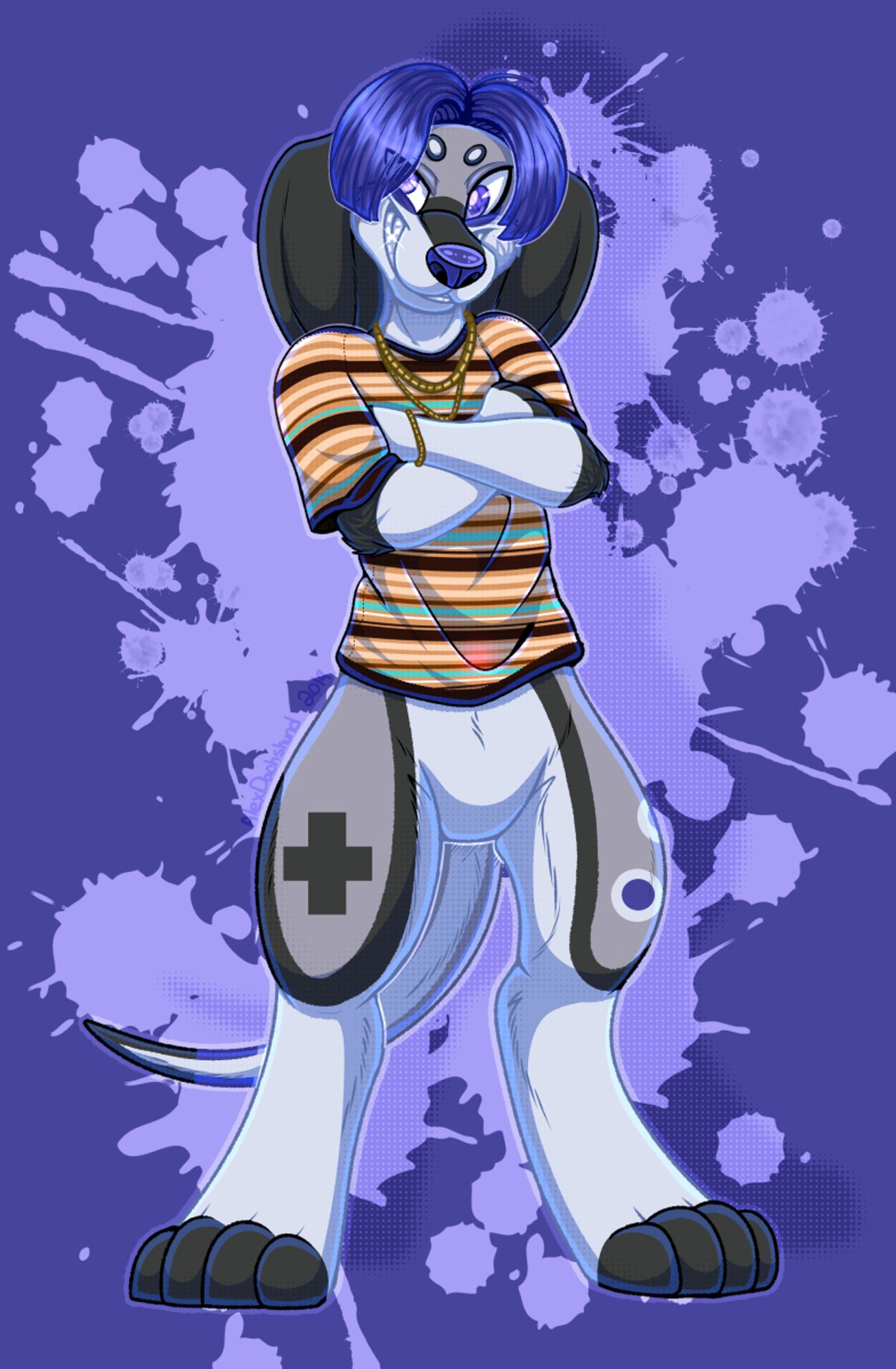 Art of a male, anthropomorphic coonhound dog character. The character is grey, with markings resembling a Super Nintendo console. He has long floppy ears, and purple hair that is styled in the curtains hairstyle from the 1990s. He is wearing a gold bead necklace and bracelet, and a striped brown shirt. He has a cocky grin and expression on his face, and his arms are crossed. He's looking off to the side. The background is purple splatters.