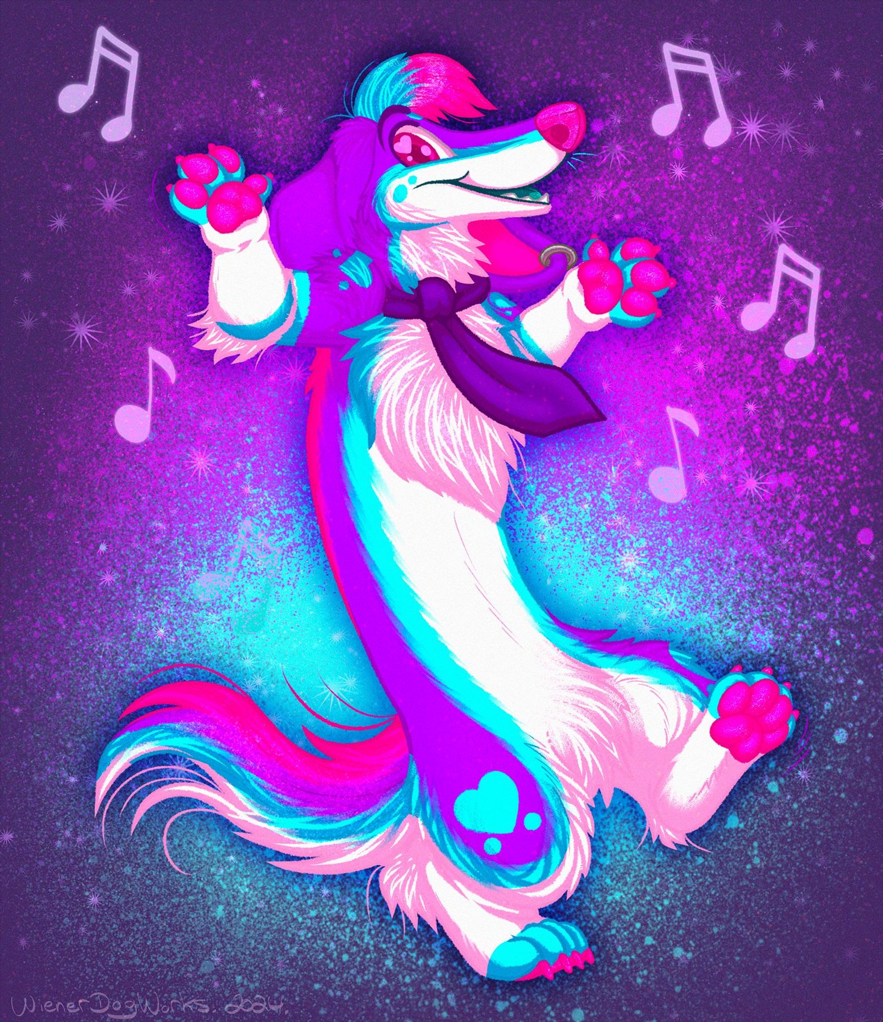 Same drawing as the first, but the character has been recolored into a purple, turquoise, white, and magenta sparkledog version.