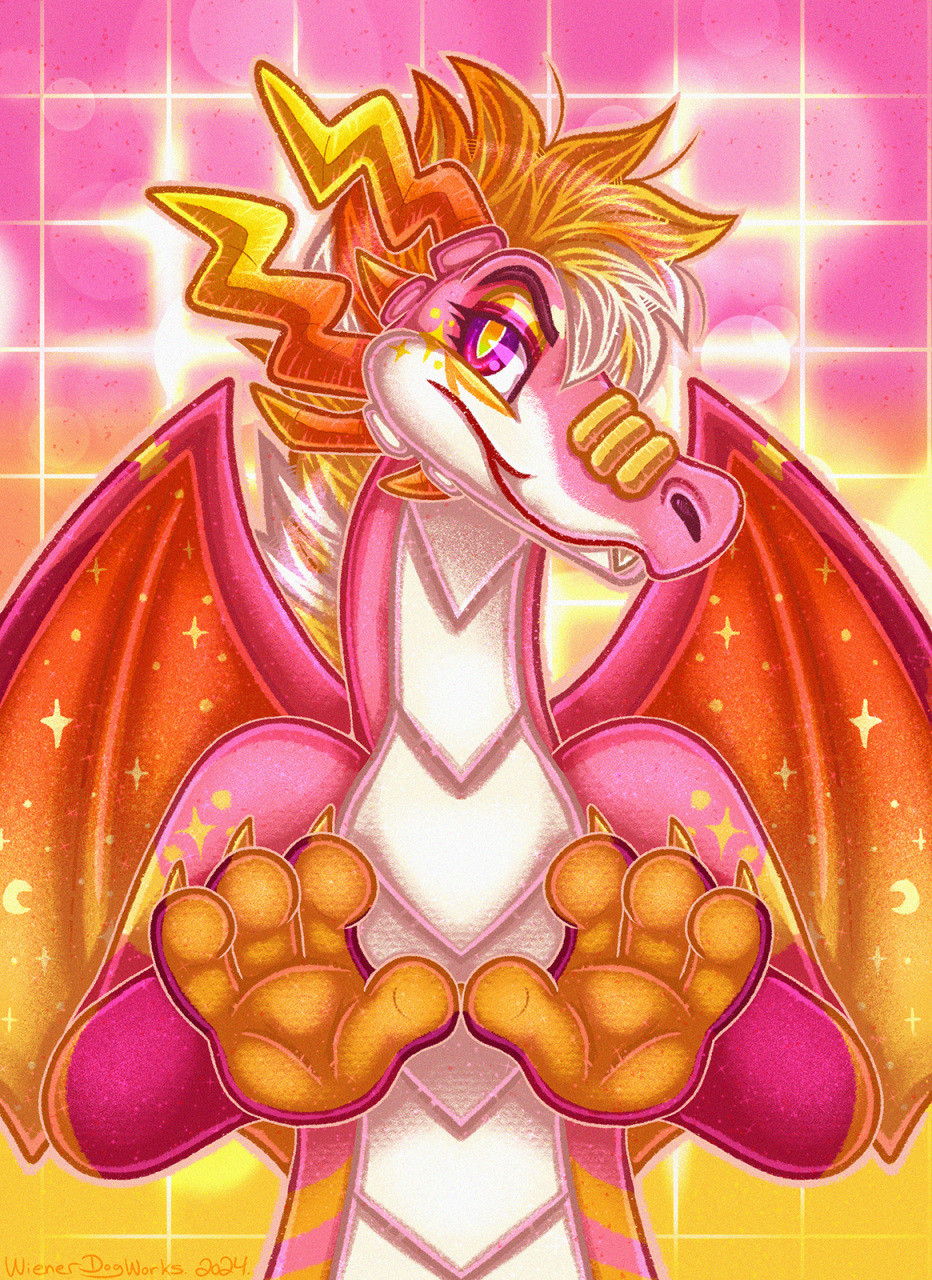 A drawing of a female anthropomorphic western style dragon. She is mostly pink, with some orange and yellow colored markings. She has four sets of horns shaped like lightning bolts, and big wings. She has a fluffy mane of hair running down her head and down her neck. She is facing the viewer, her head turned to the side, with a seductive, flirty look. Her hand paws are raised up. The background is a glowy neon grid.