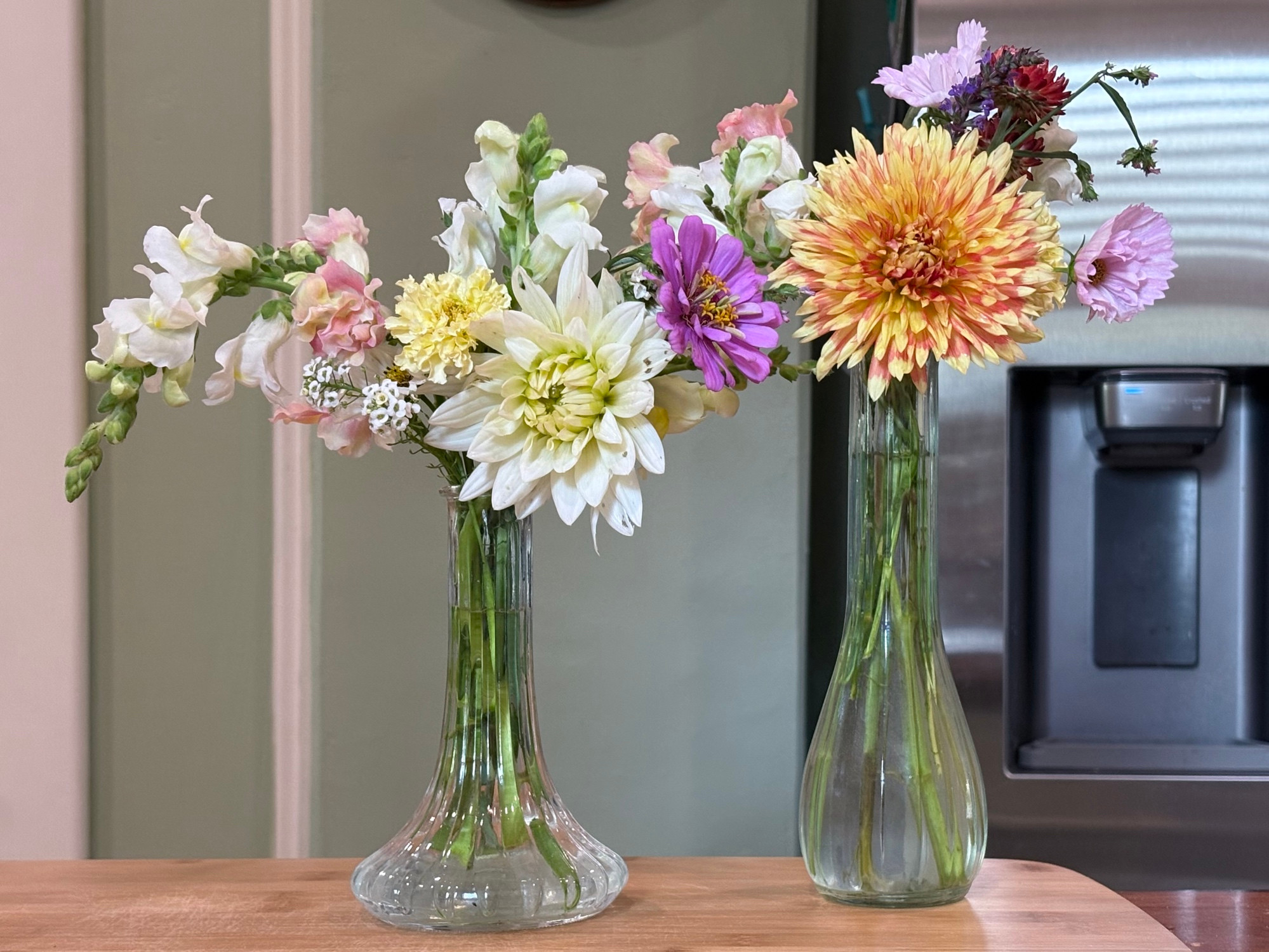 Two glass vases holding flowers from cats garden including snap dragons, marigolds, dahlia, zinnia and cosmos