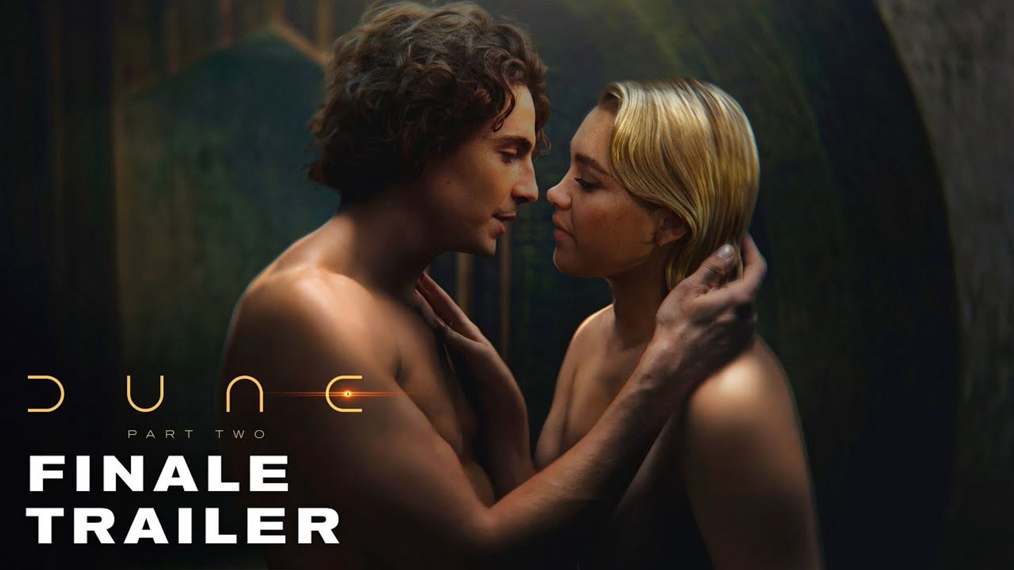 Thumbnail from fake Dune Part II trailer on YouTube, picturing a shirtless buff Tim Chalamet and a topless Florence Pugh