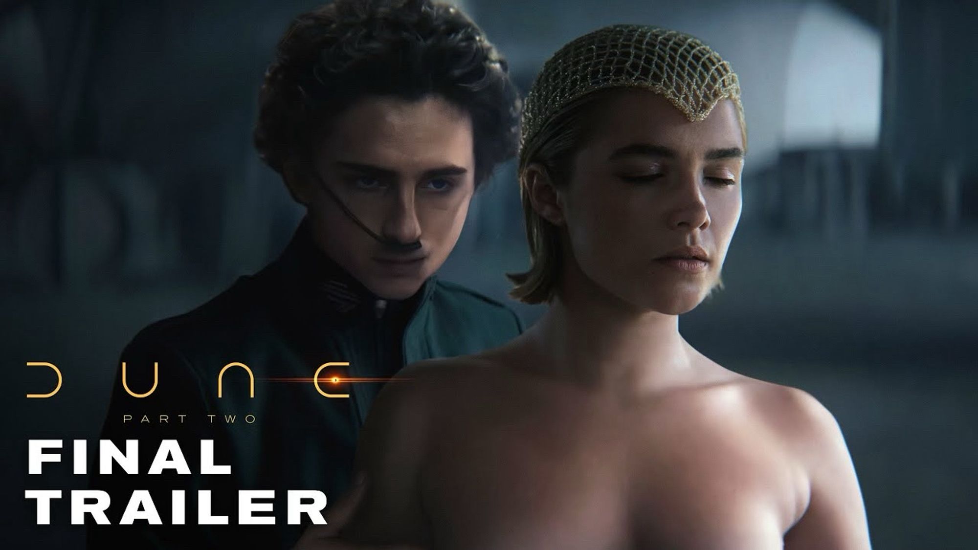 Another thumbnail from fake Dune Part II trailer on YouTube, picturing a clothed Tim Chalamet and a topless Florence Pugh