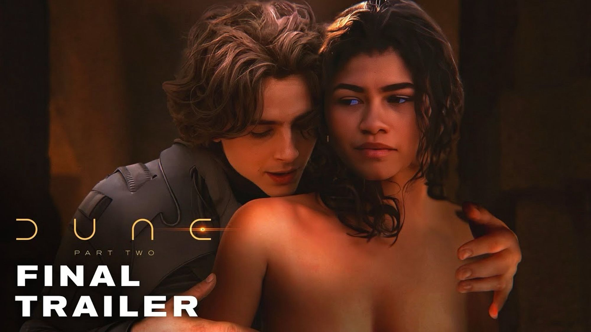 Thumbnail from fake Dune Part II trailer on YouTube, picturing a clothed Tim Chalamet and a topless Zendaya