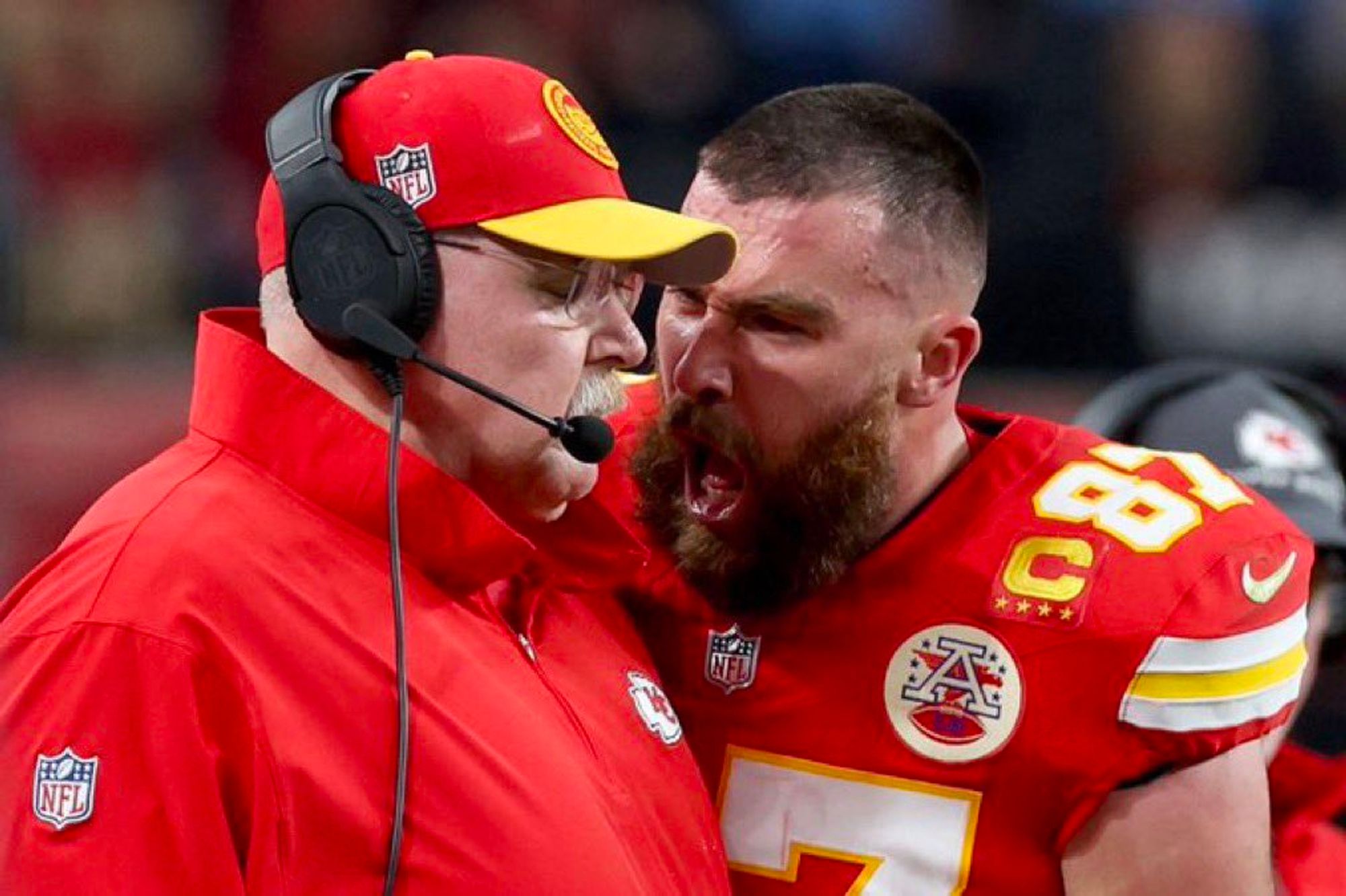 Travis Kelce yelling at his coach during the Super Bowl.