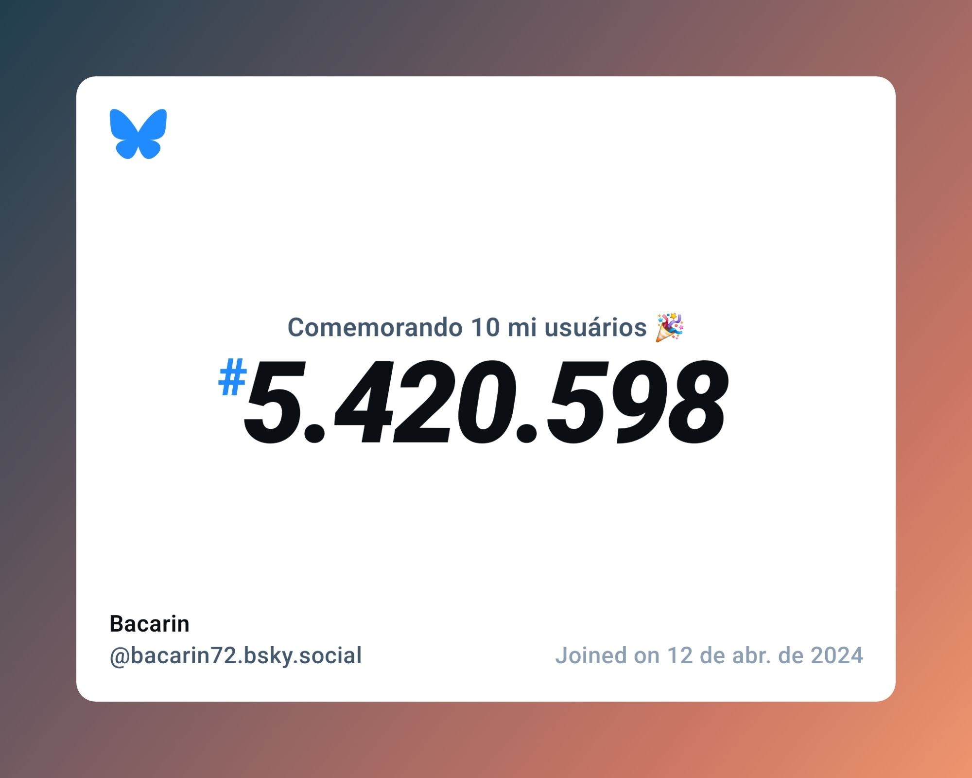 Um certificado virtual com o texto "Comemorando 10 milhões de usuários no Bluesky, #5.420.598, Bacarin ‪@bacarin72.bsky.social‬, ingressou em 12 de abr. de 2024"