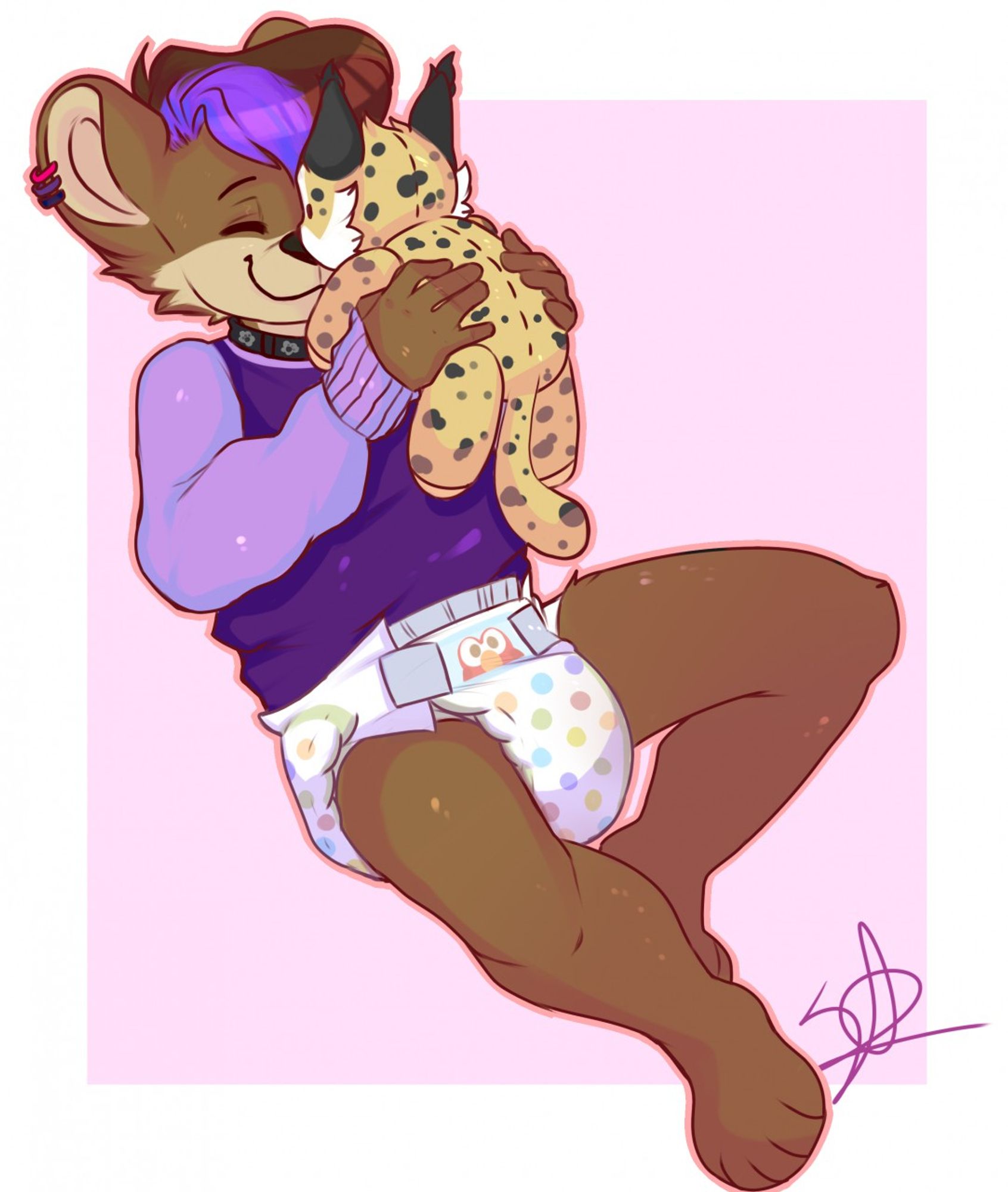 Sascha the little bearkitty, lying on this back and cuddling with his best plushie friend, the long-tailed Lynx Sammy.
He is holding him with both hands, giving him adorable nose-boops, smiling contently.

Sascha is just wearing a light and dark purple shirt, cute collar and a diaper with colorful dots