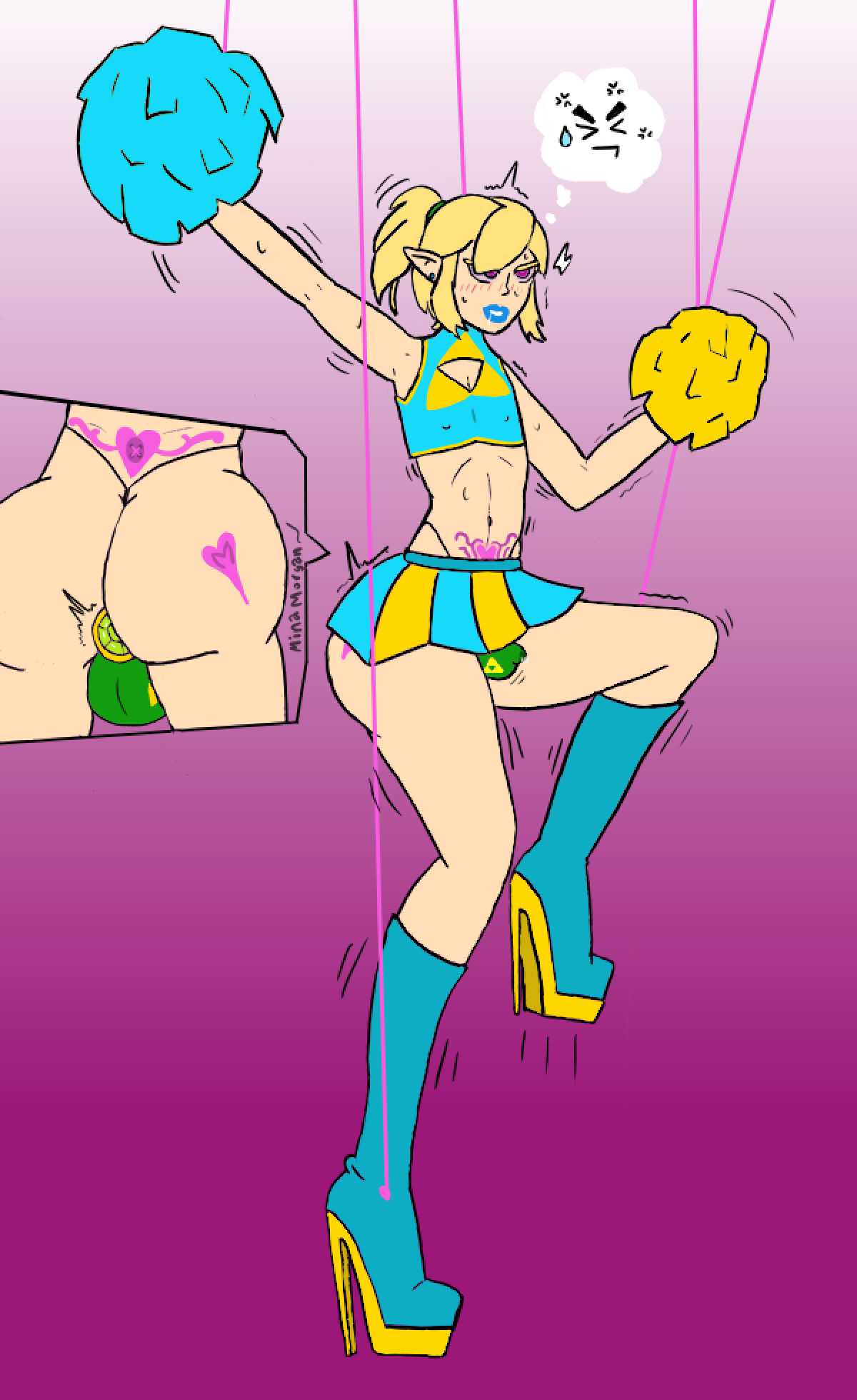 A certain silent swordsman has been caught in mina's puppet strings and transformed into a lewd femboy cheerleader~