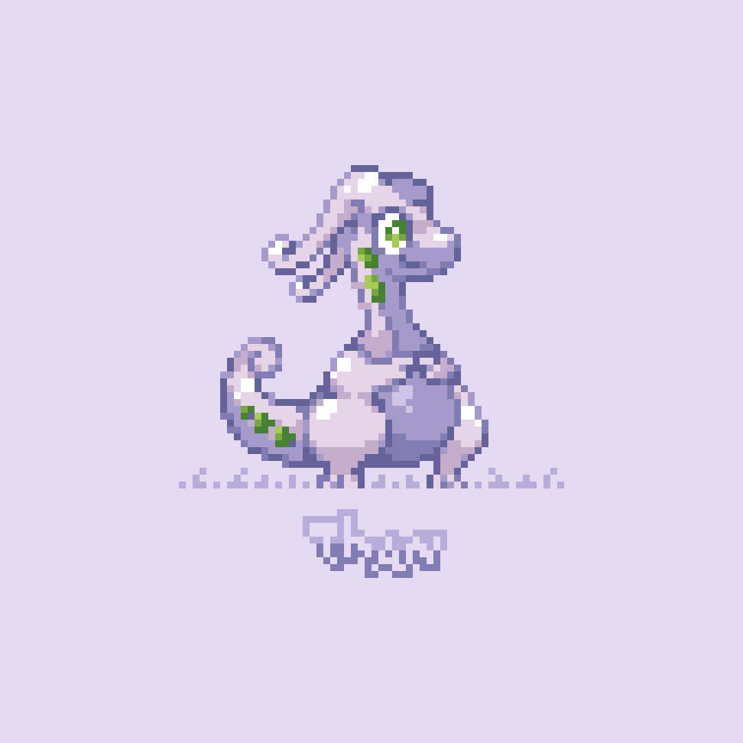 A pixel fanart of Goodra, the Pokémon, it's standing on the grass and performing the shy fingers touch. The background is a solid color.