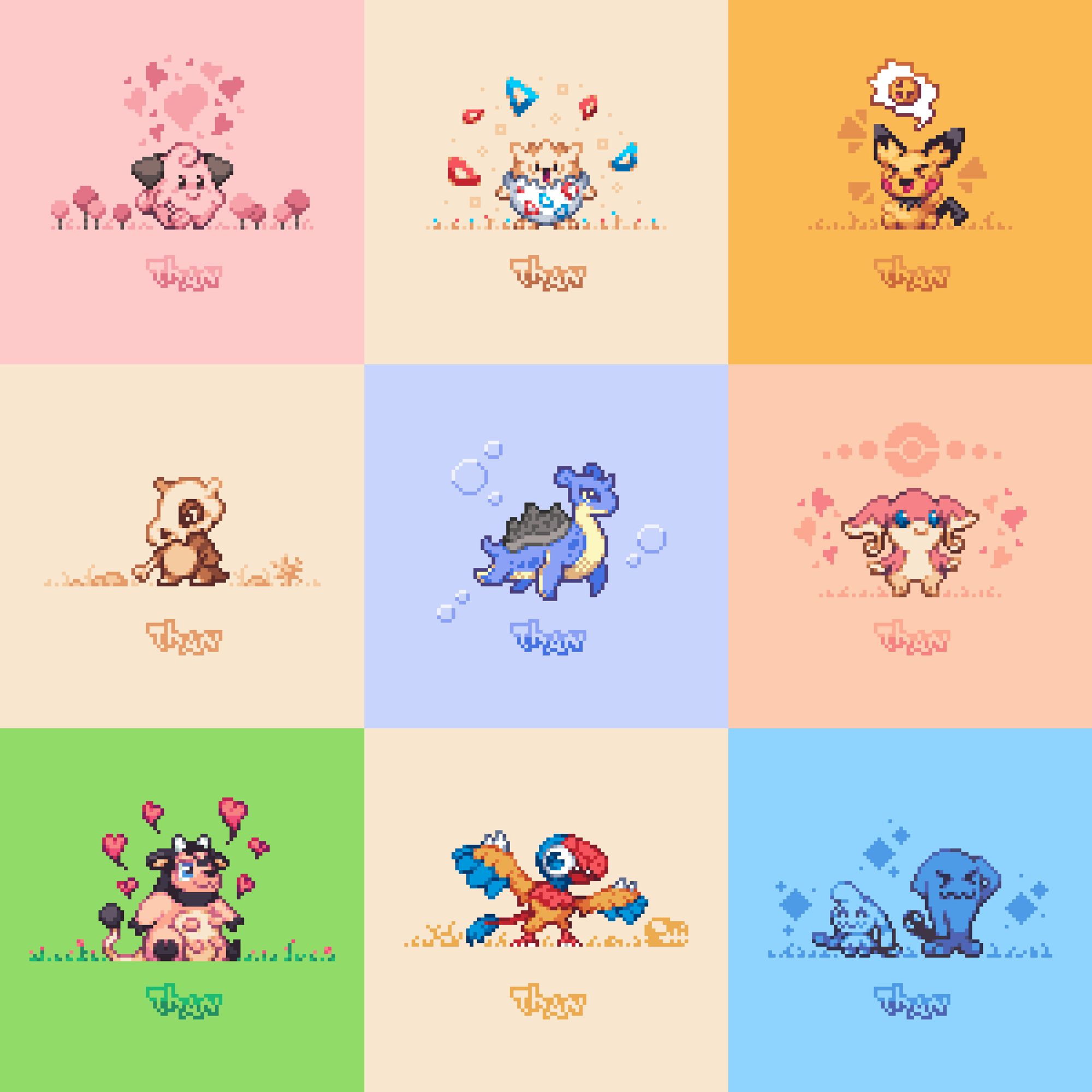 A recap of some pixel fanarts that I drew recently! All of them have decent alt texts in their single posts, this one is just a batch of nine of them together.