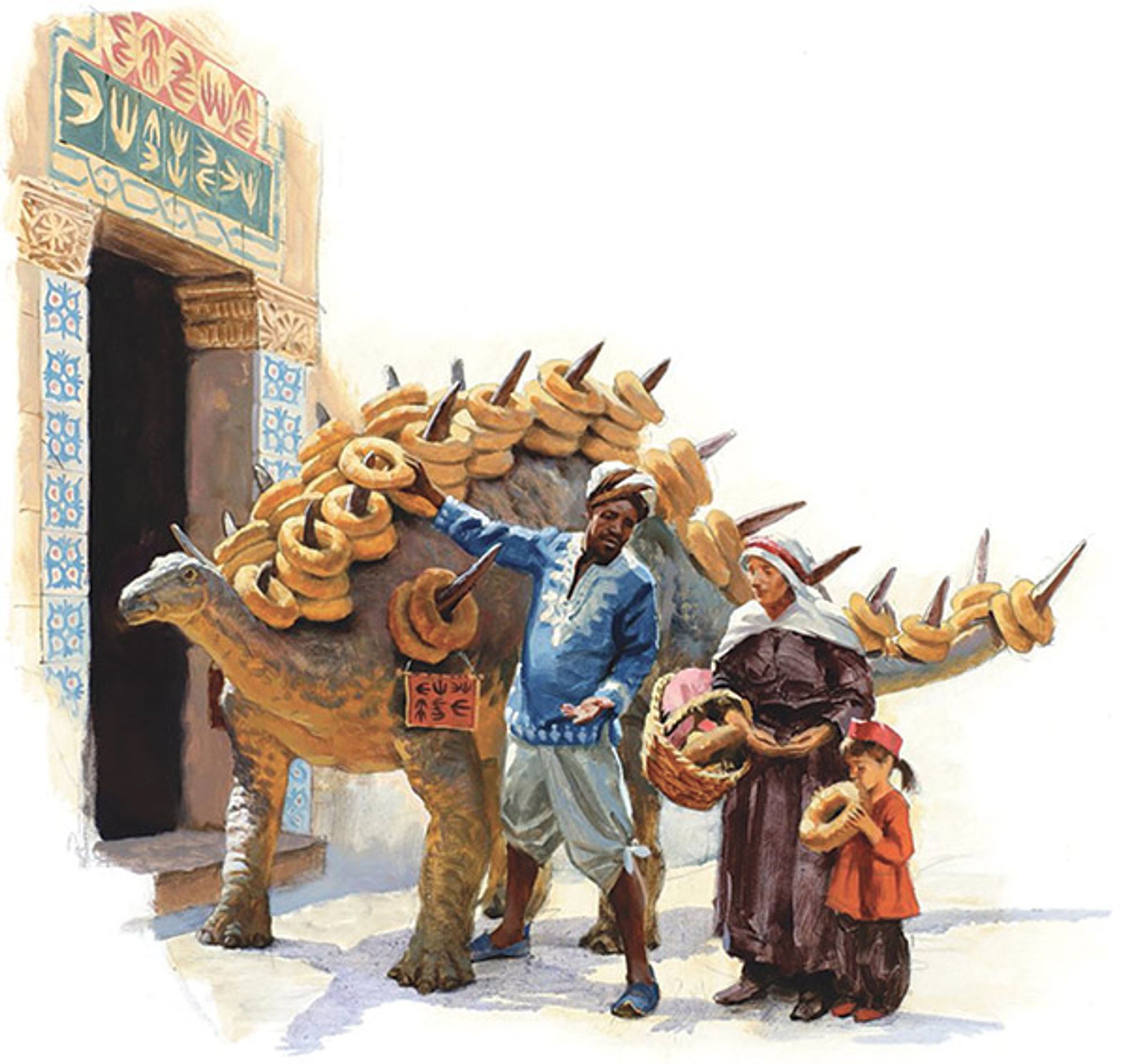 Dinotopia illustration, showing a man in a turban selling bagels that are looped around the spines of a dinosaur