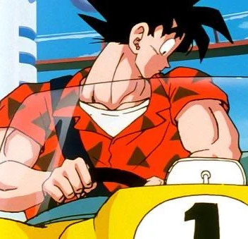 Goku in a fred flintstone ass button down shirt