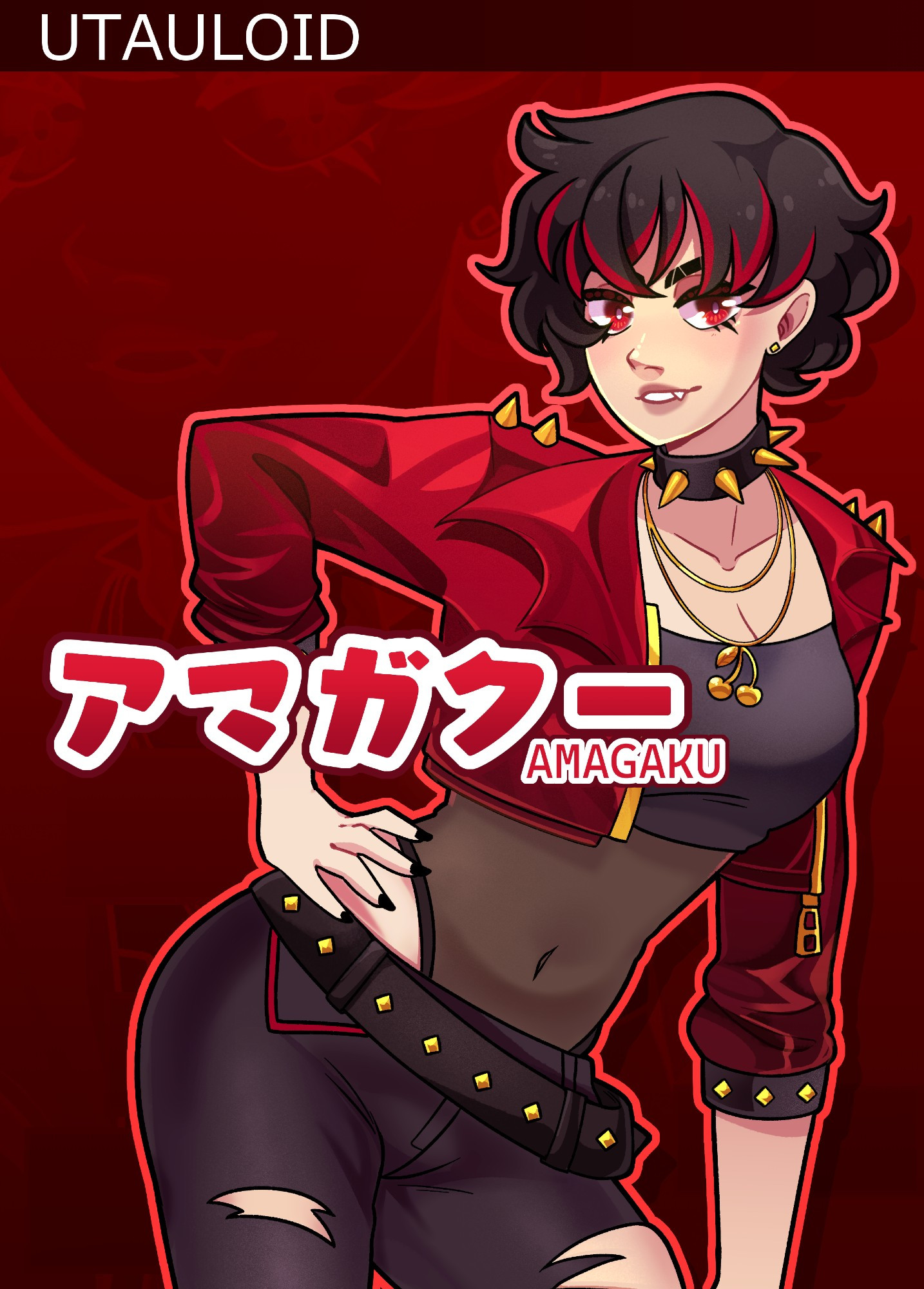 A girl with black hair and red tips is posing with one hand on her hip while wearing a red leather jacket and black crop top with mesh underneath. She has gold spike accents on her collar and belt, and the name "amagaku" is spelled out across the front of the image, as well as a label in the top right stating "UTAUloid" in white font. The background is red and has a small imprint of the same image in inverted brightness.