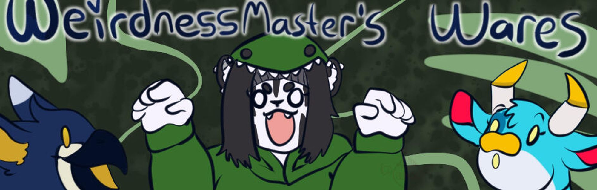 A banner on a dark green background, with leaves in the background and the foreground reads "WeirdnessMaster's Wares" and has a bird character on the left, a feline anthro in a dinosaur goodie or onesie in the middle, and a cow/bovine on the right.