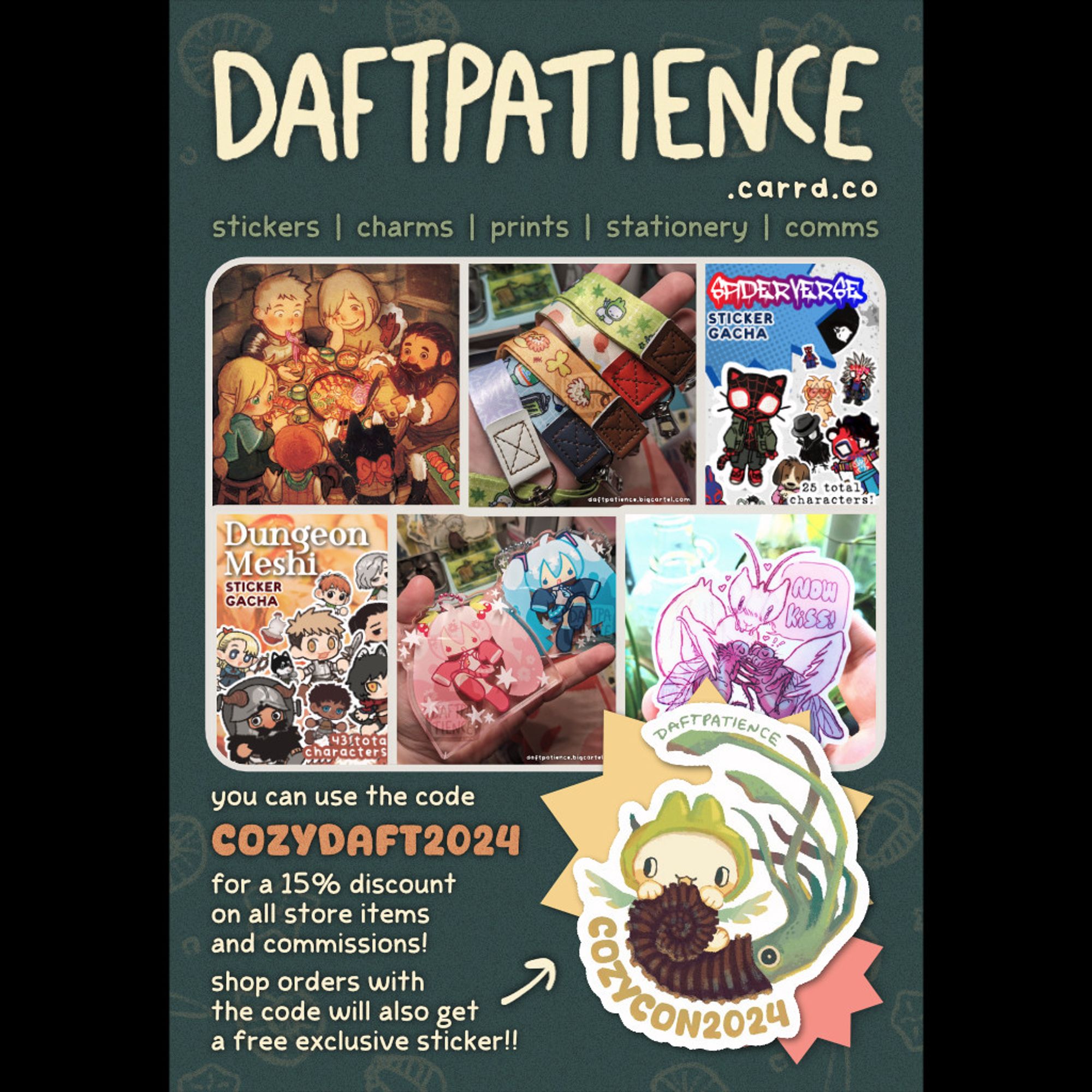 A banner showcasing stickers, bracelets and pins. Daftpatience is offering an exclusive sticker for the convention. Text on the banner says "use code COZYDAFT2024 for a 15% discount."