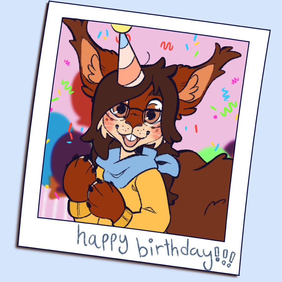 an illustration of a photograph of an anthropomorphic squirrel girl celebrating her birthday!