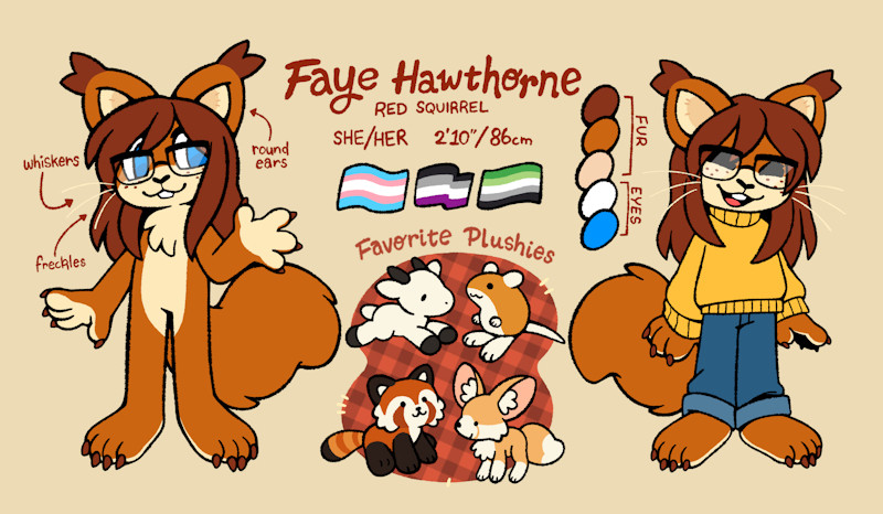 a reference sheet for a silly little red squirrel girl who likes plushies