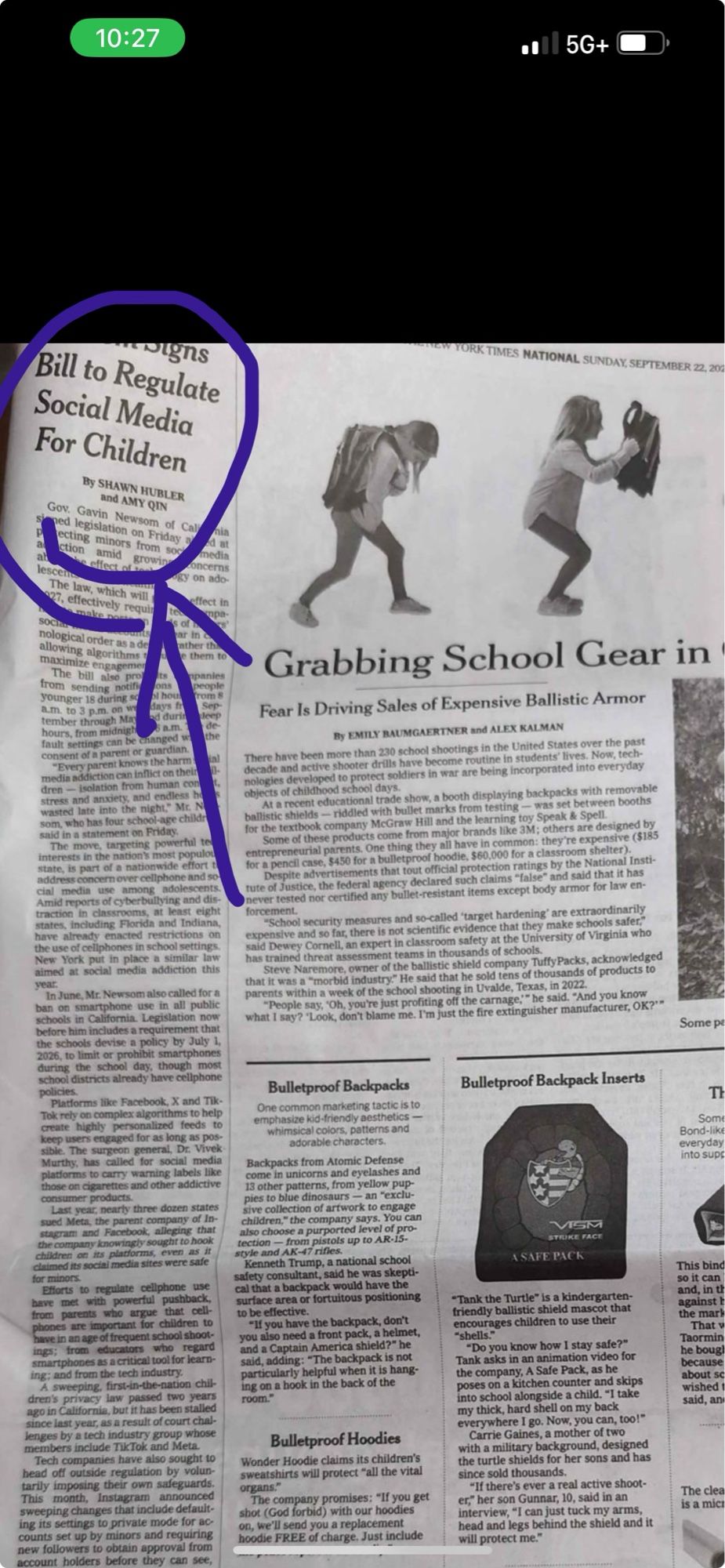 Page from paper showing bullet proof school supplies with side bar about regulating social media for children because apparently we can’t regulate guns.