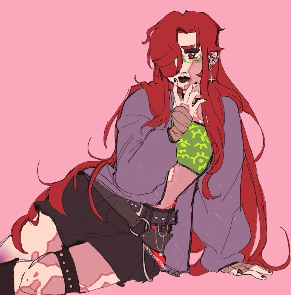 image of a character behind a pink background, sitting on the floor while gazing in the distance wistfully. they have long red hair, a black skirt and boots, an interesting green crop top with eyes on it and a muted cardigan. 