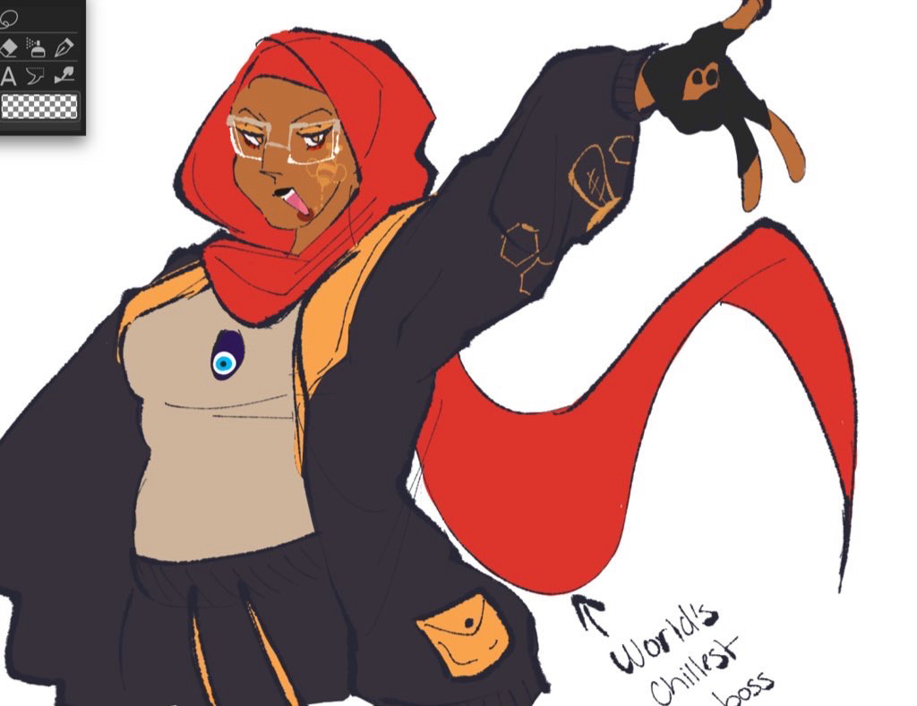 a hijabi striking up an energetic peace sign! she wears a bright red hijab and black tracksuit with gold accents that are bee themed! 