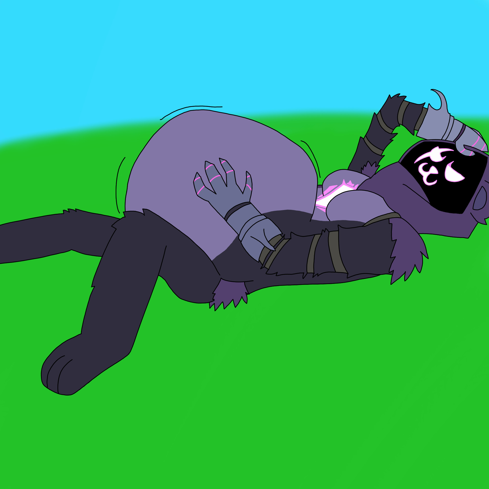 C W: Endo Vore. Art of the character Raven Team Leader from Fortnite, laying on an empty green field, rubbing her large belly after she ate someone.