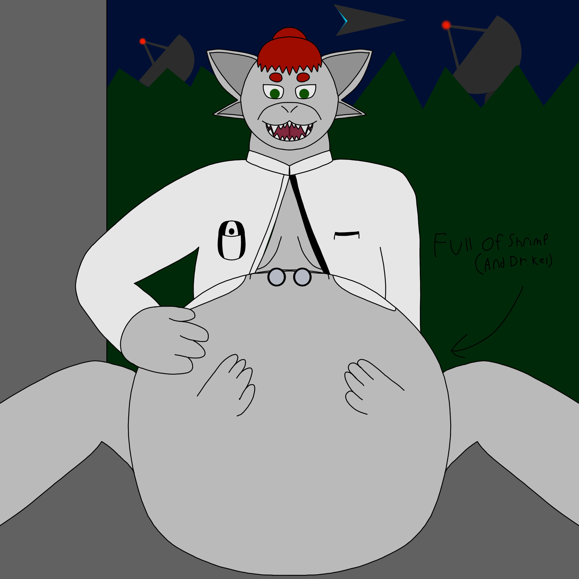 A red haired Ariral sits happily, rubbing it's large belly, with two hands visible pressing from the inside, and a pair of glasses resting on top. In the background, there is a forest, with 2 satellite dishes and an Ariral space ship floating, visible. Text to the right of the Ariral says "Full of shrimp (and Dr. Kel)"