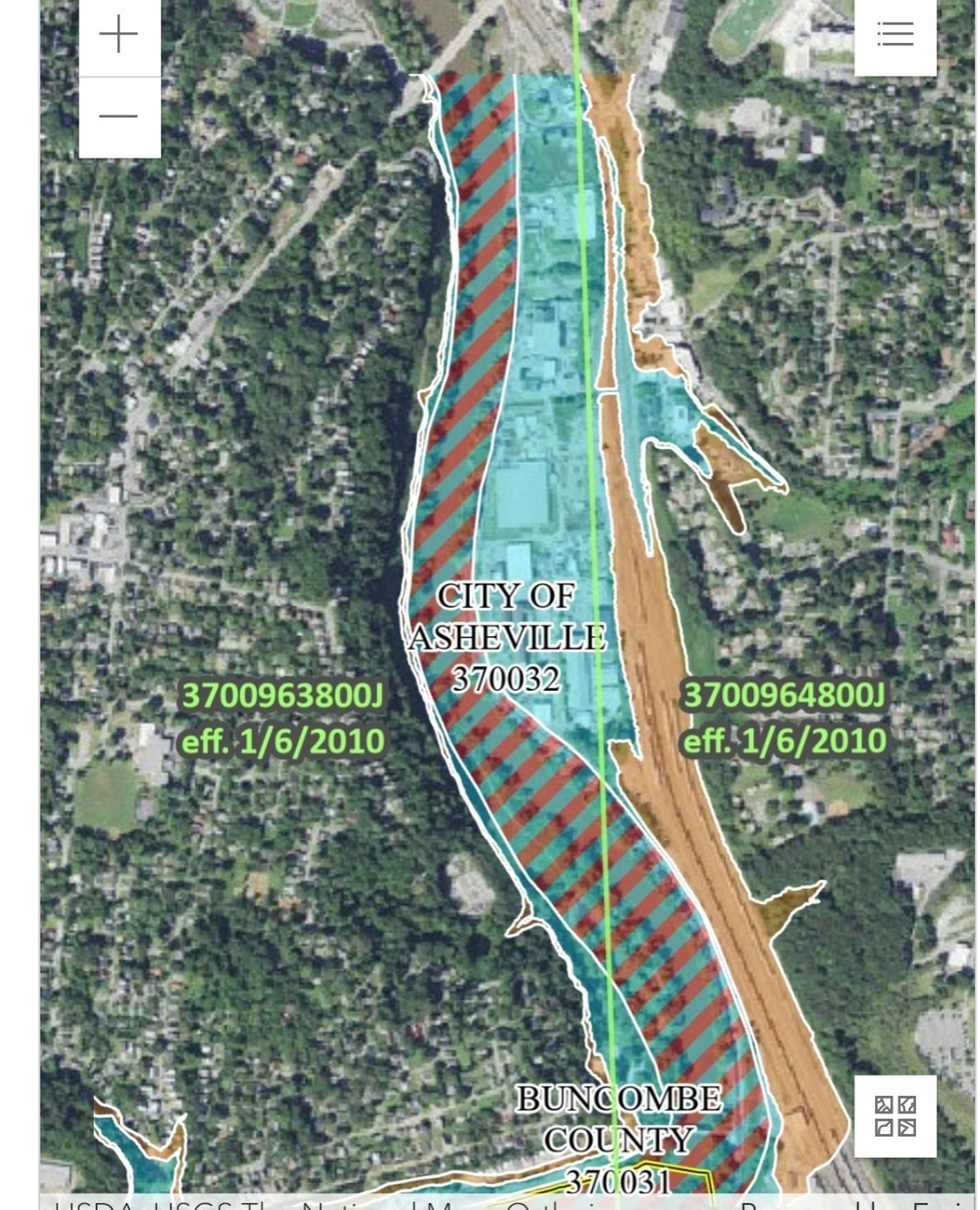 FEMA map showing the Floodway (striped), and other part of the hazard area (blue), and 0.2% annual flood chance zone (orange).