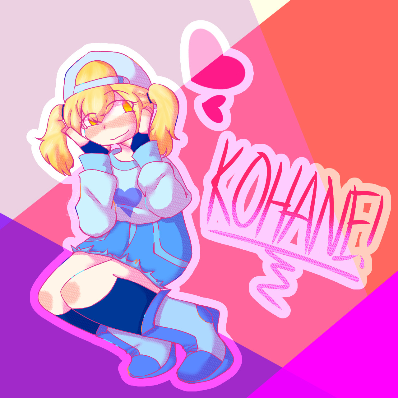 An illustration of Project Sekai character Kohane Azusawa from Vivid BAD SQUAD crouching, with her name and hearts drawn next to her.