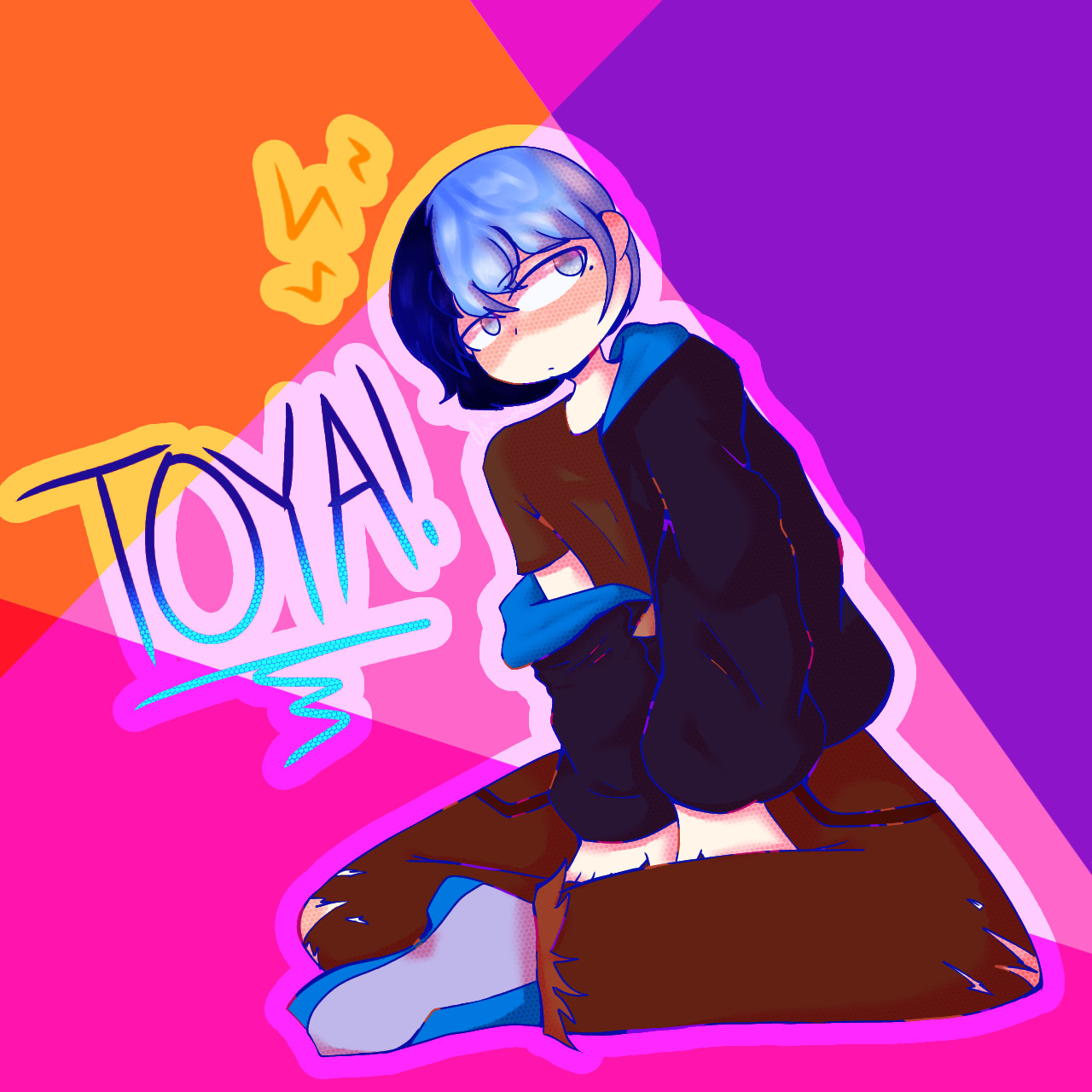 An illustration of Project Sekai character Toya Aoyagi from Vivid BAD SQUAD sitting, with his name and sparks drawn next to him.