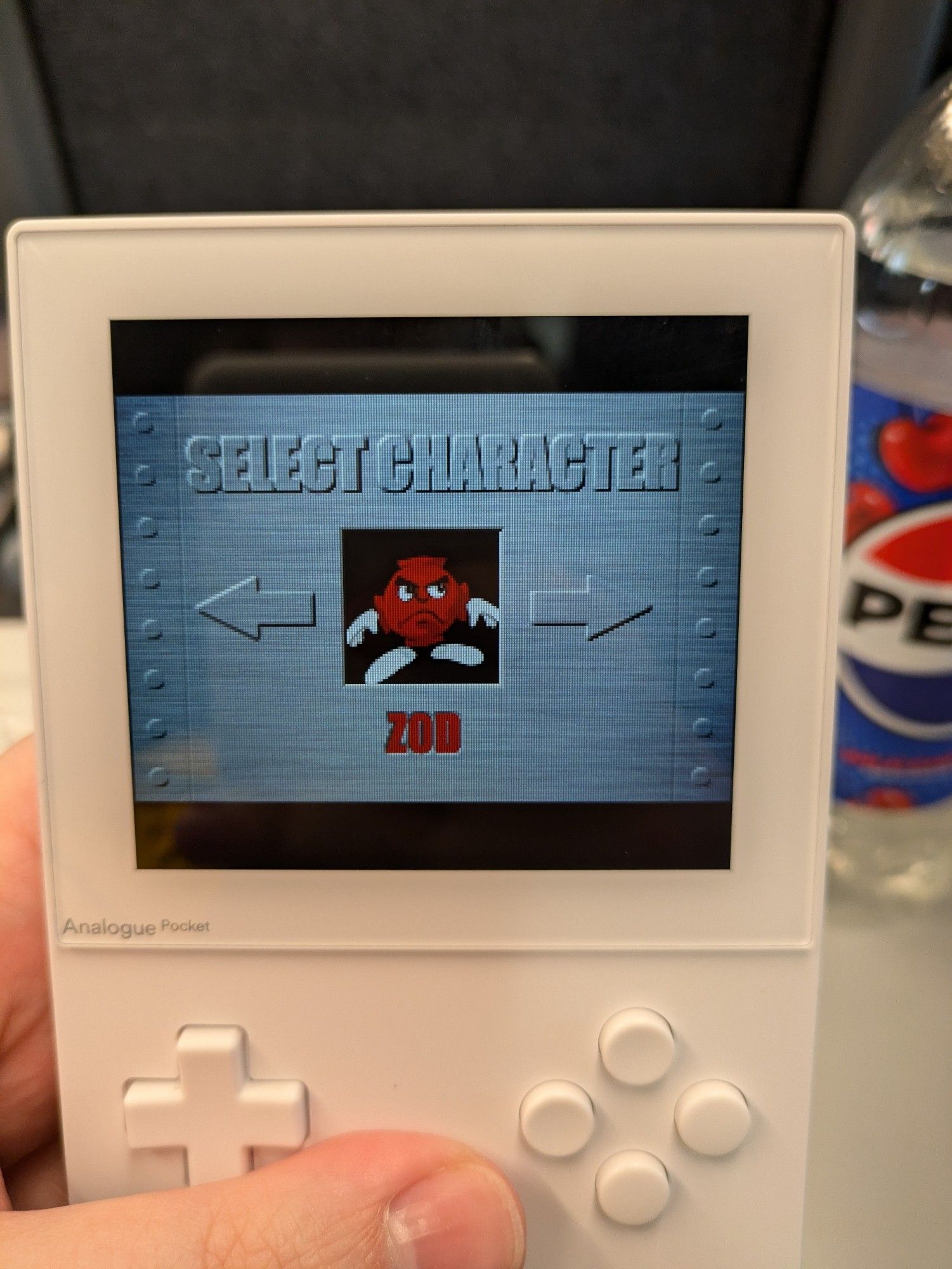 Snood (GBA) running on Analogue Pocket, in the Character Select screen. Zod is highlighted.