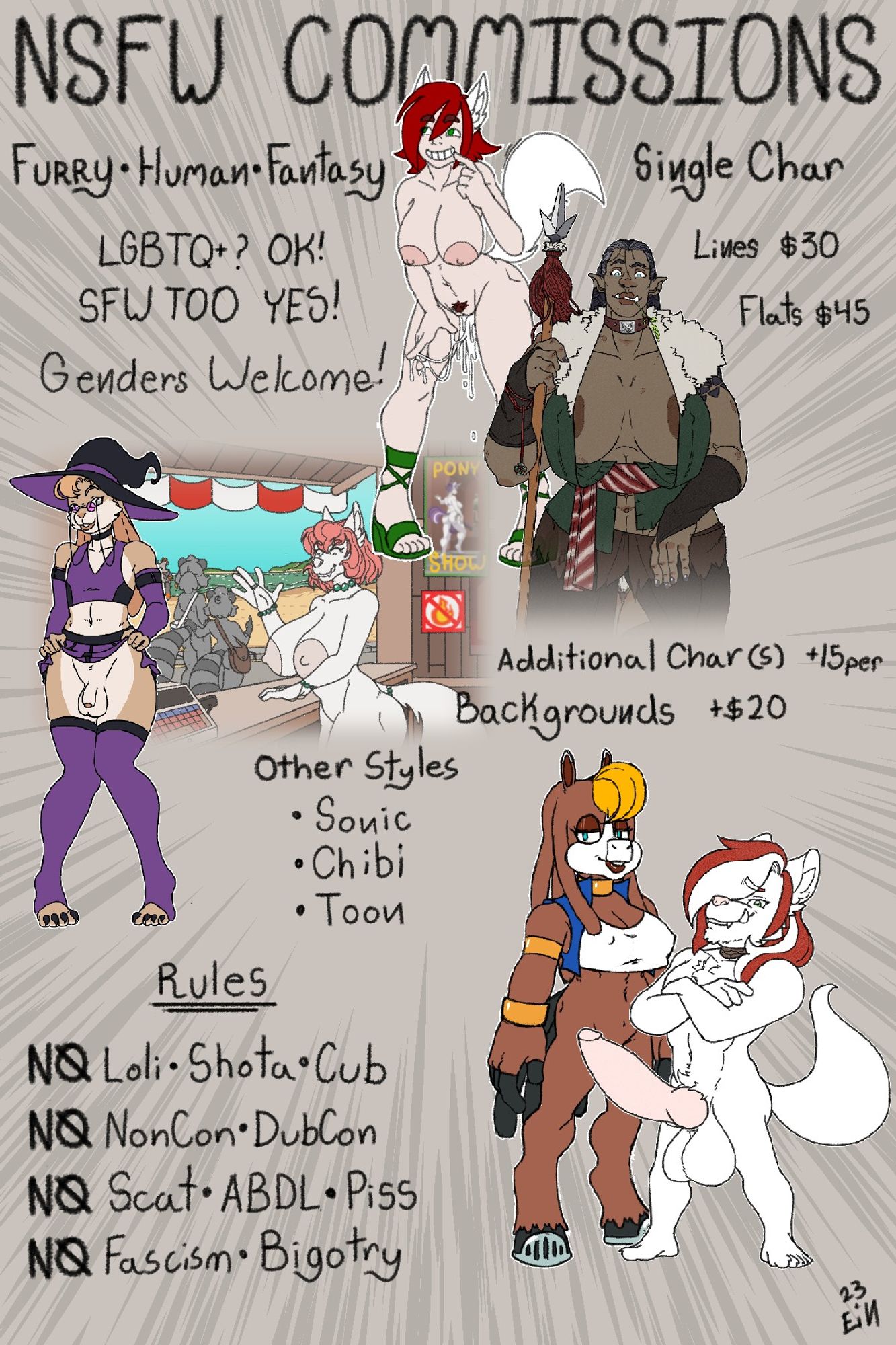 An Advertisement for Commissions from me.

LGBTQ+ Ok
SFW Too, Yes
Genders Welcome!

Single Character - Lines $30, Flats $45
Addititonal Characters - +$15 Per character
Backgrounds - +$20

Rules
No Loli - Shota - Cub
No NonCon - DubCon
No Scat - ABDL - Piss
No Fascism - Bigtory