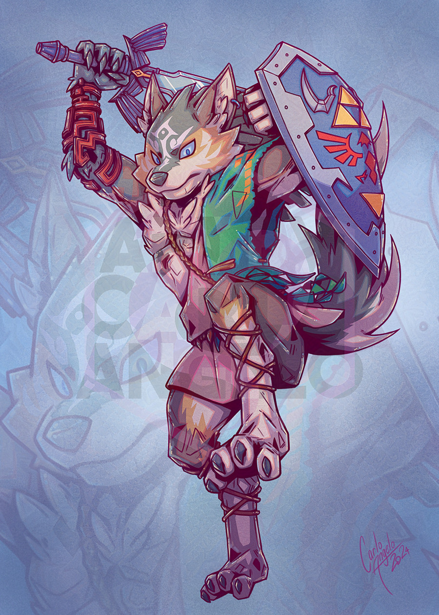 Wolf Link (design from Twilight Princess: grey, light brown, and white fur, with an olive-tinged blocky mane), a lithely muscular, anthropomorphic wolf, in the midair strike pose taken from a concept art of Link from Ocarina of Time, wearing Link's garbs from Tears of the Kingdom: a one-shouldered green and beige tunic, leaving his right chest and arm exposed... background is a light blue with a texture and wolf link's very faint visage.