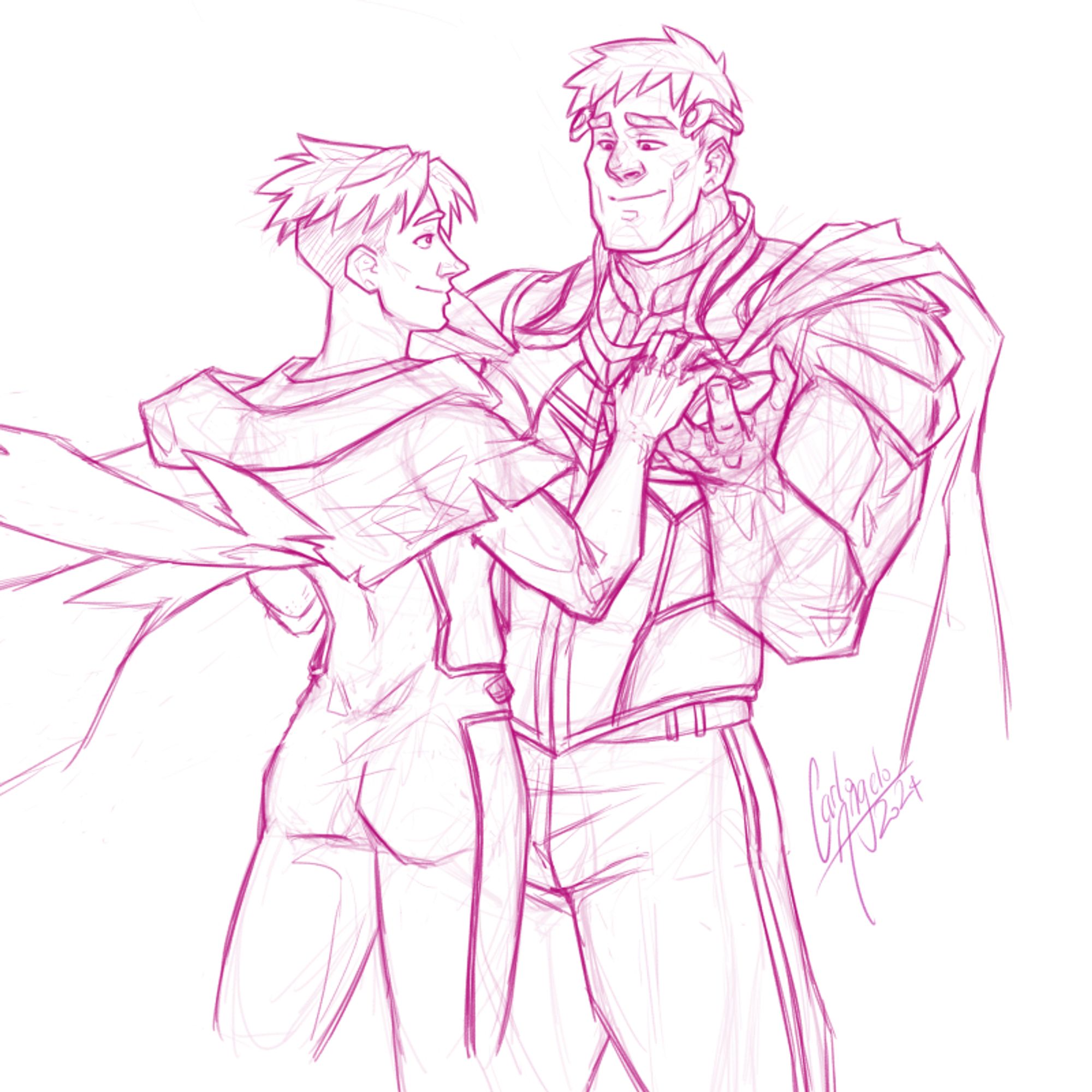 rough sketch of wiccan/billy kaplan (shorter, undercut hair, backside facing viewer) and hulkling/teddy altman (larger, intricate shoulder armour). they're about to hold each other's hands, and they're gazing at each other adoringly.