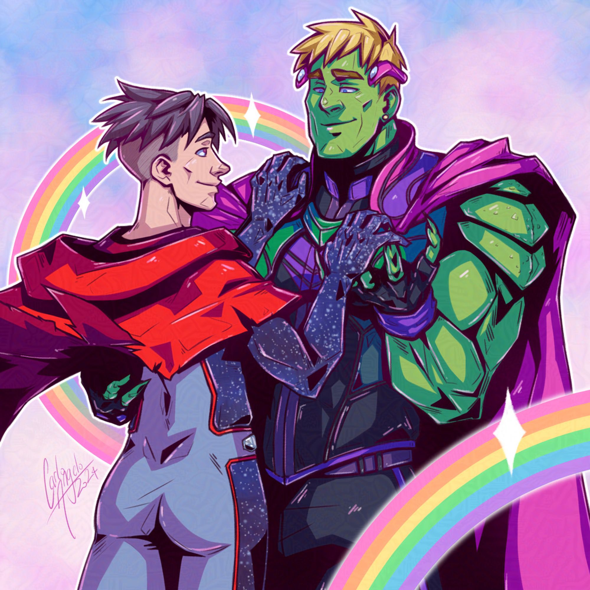 wiccan (dark hair, fair skin, red cape, navy blue and grey bodysuit) and hulkling (green skin, blonde hair, purple and black attire) holding onto each other while they have fond expressions on their faces. wiccan has his hand on hulkling's shoulder, while hulkling's hand is at wiccan's waist, their other hands are grasping the other's. pastel rainbows adorn the scenery.