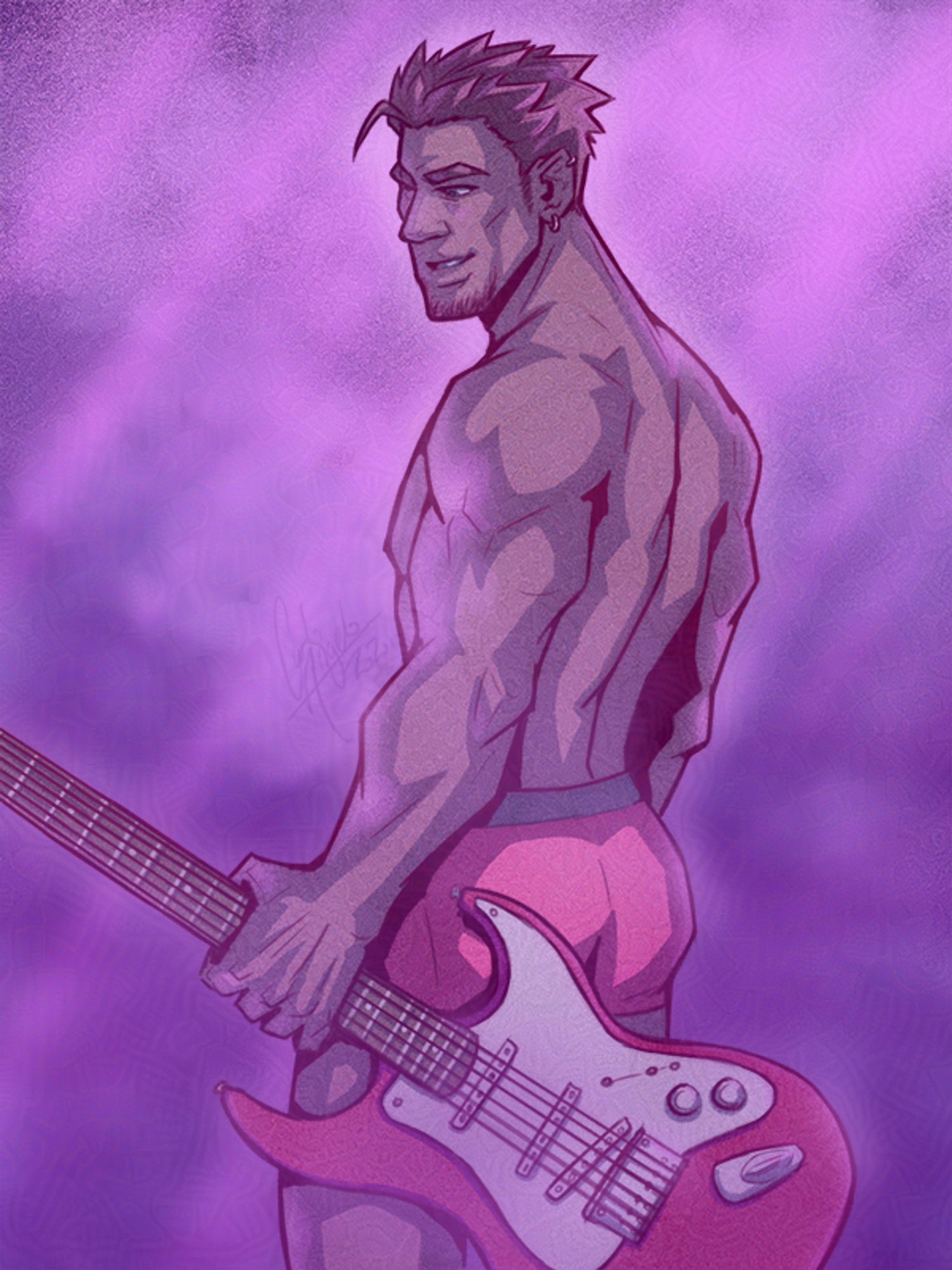 Remy, in just his red underpants, holding his red electric guitar in his left hand. His left side is to the view, looking off-screen to his left. Everything is bathed in purple ambience.