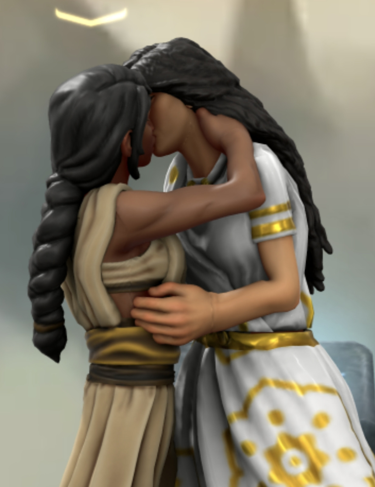 Hero Forge screenshot of two women from a Indian-inspired sapphic fantasy book series, The Burning Kingdom, kissing one another. The woman with a dark braid on the left is short, darker-skinned, with simpler clothing in tans & browns. Her slender but muscular arm reaches up into the taller woman's loose curly hair, placed on the back of her neck to pull the woman down into a deeper embrace. The woman on the right has pale teak skin and wears a white silk, sari-like outfit   with an outline of lotus & trimmings in gold