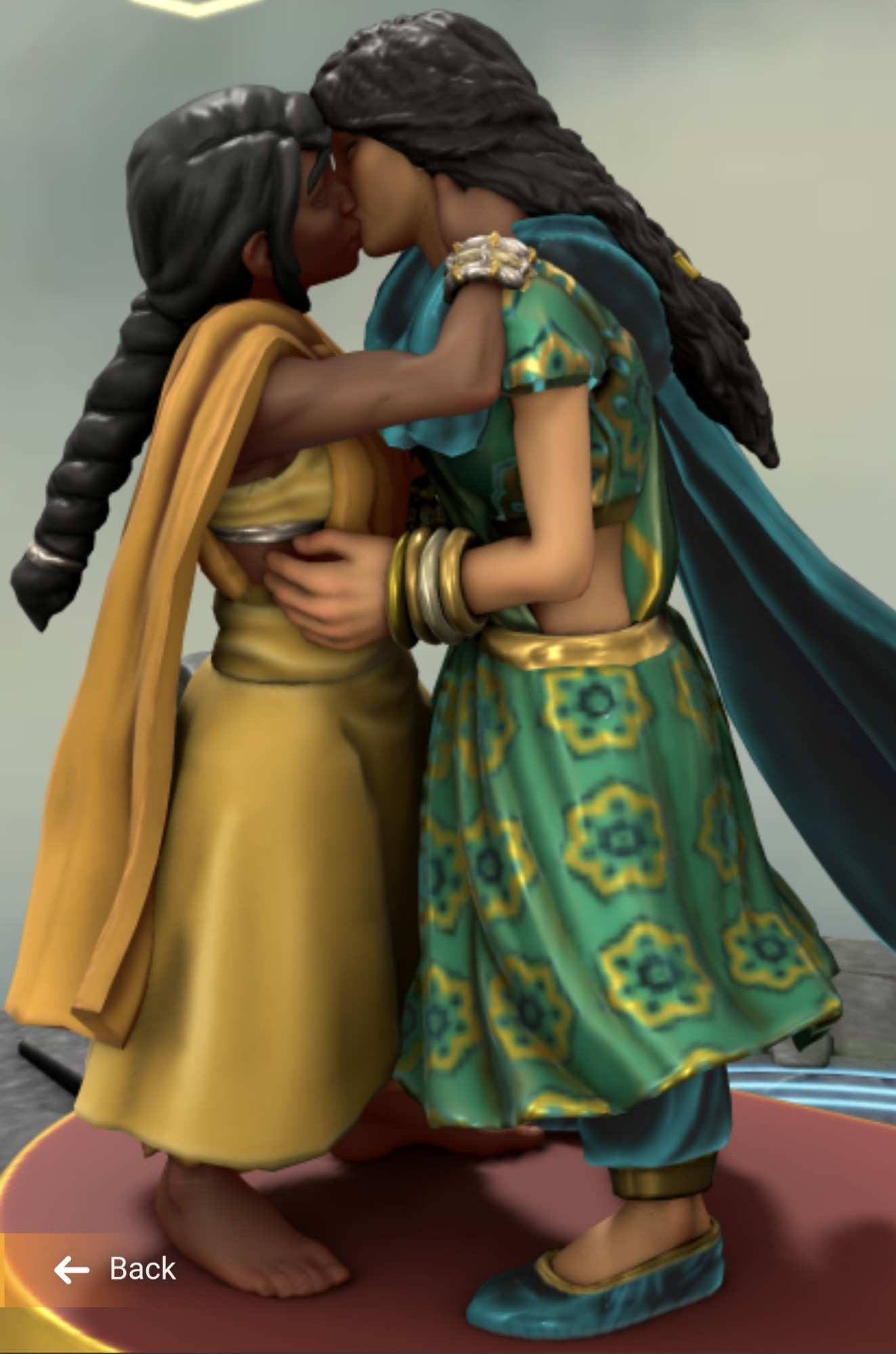 Same as the kiss before, but Priya in sari of goldenrod yellows with muted gold, and Malini in peacock greens & gold