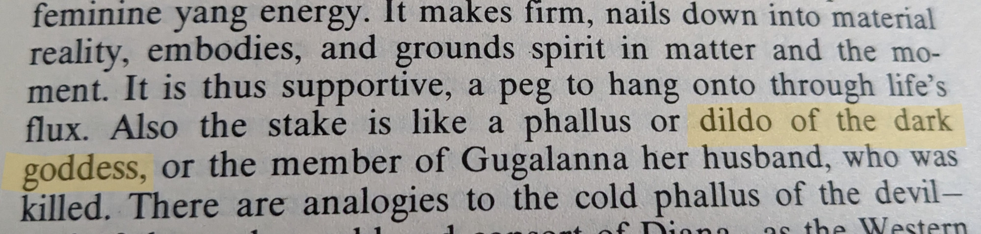 A close-up image of a page in an older psychology/women's studies book, where "dildo of the dark goddess" is highlighted in yellow within the sentence, "Also the stake is like a phallus or dildo of the dark goddess, or the member of Gugalanna her husband, who was killed."