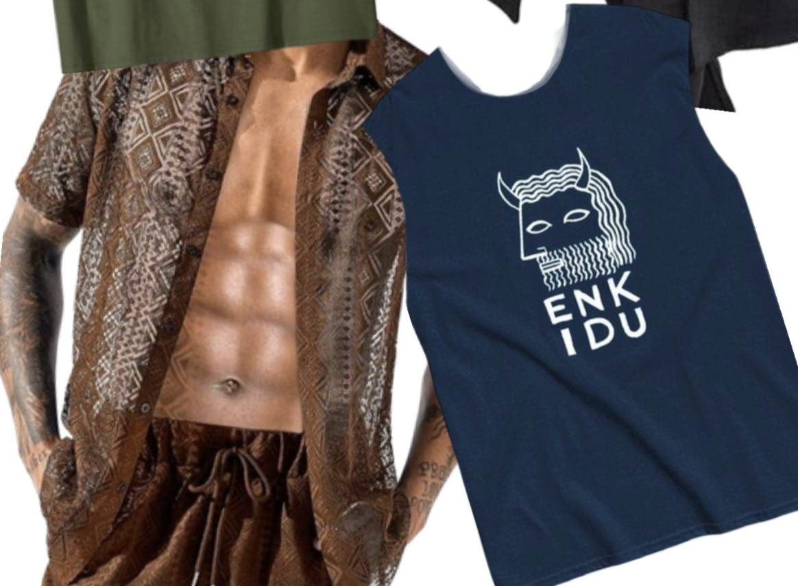 clip of a fashion board displaying the bare chest of a man wearing a brown mesh button-up shirt. Tilted towards him is a navy blue sleeveless t-shirt with the name ENKIDU in beneath a profile of an ancient Mesopotamian head of a bull-horned bearded man outlined in white