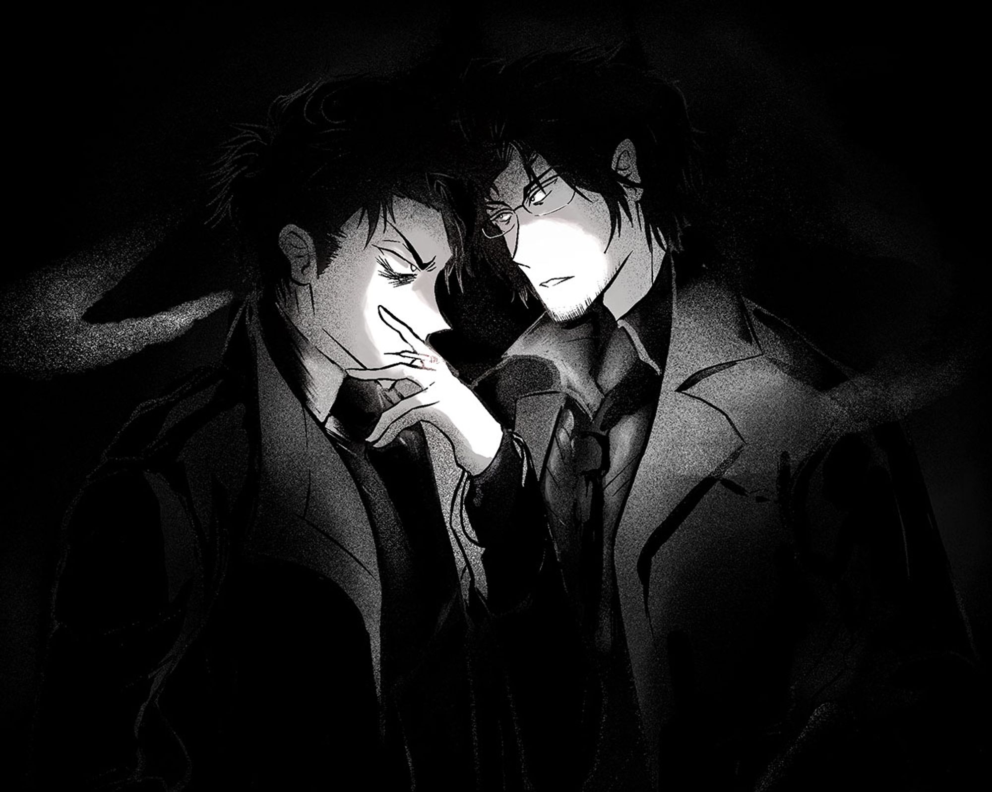 Mashita and Yashiki from Death Mark standing face to face in a dark room. Their faces are lit up by the cigarette that Mashita is smoking as smoke swirls around them. They are dressed in their trench coats and ties.