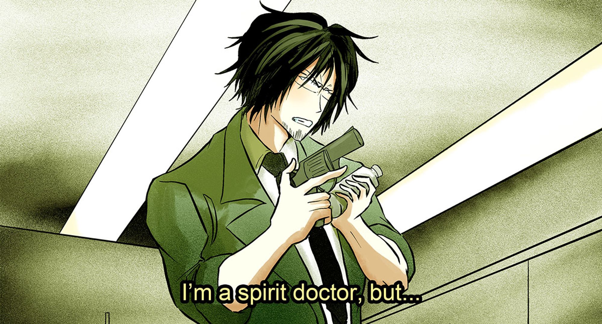 Yashiki angrily holds up the revolver that Mashita gave him, as well as a bottle of dirty water. 'I'm a spirit doctor, but...'