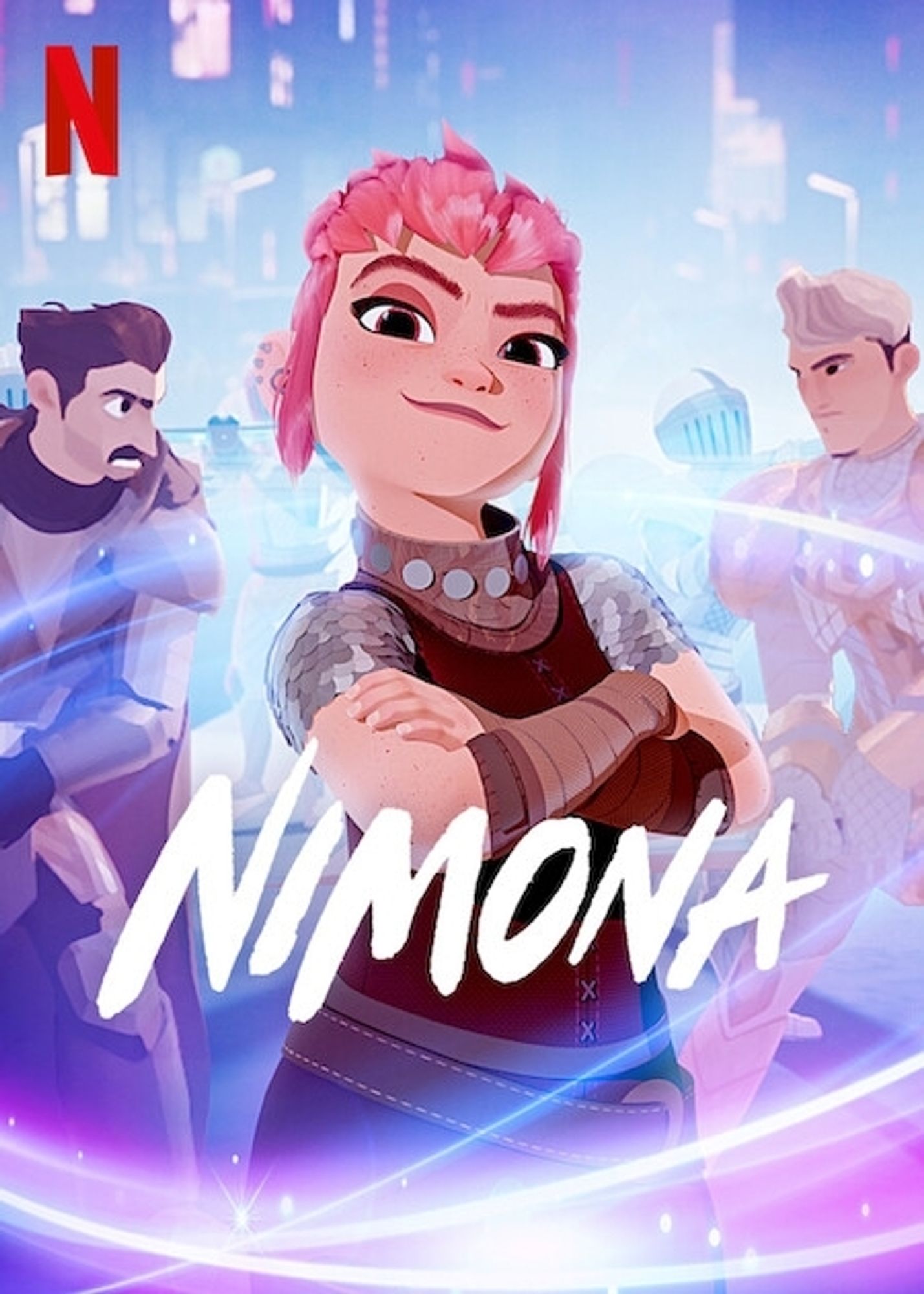 Nimona (Netflix film). A dark haired man and blond man glower at each other, both are in armour. A red haired teen stands confidently between them