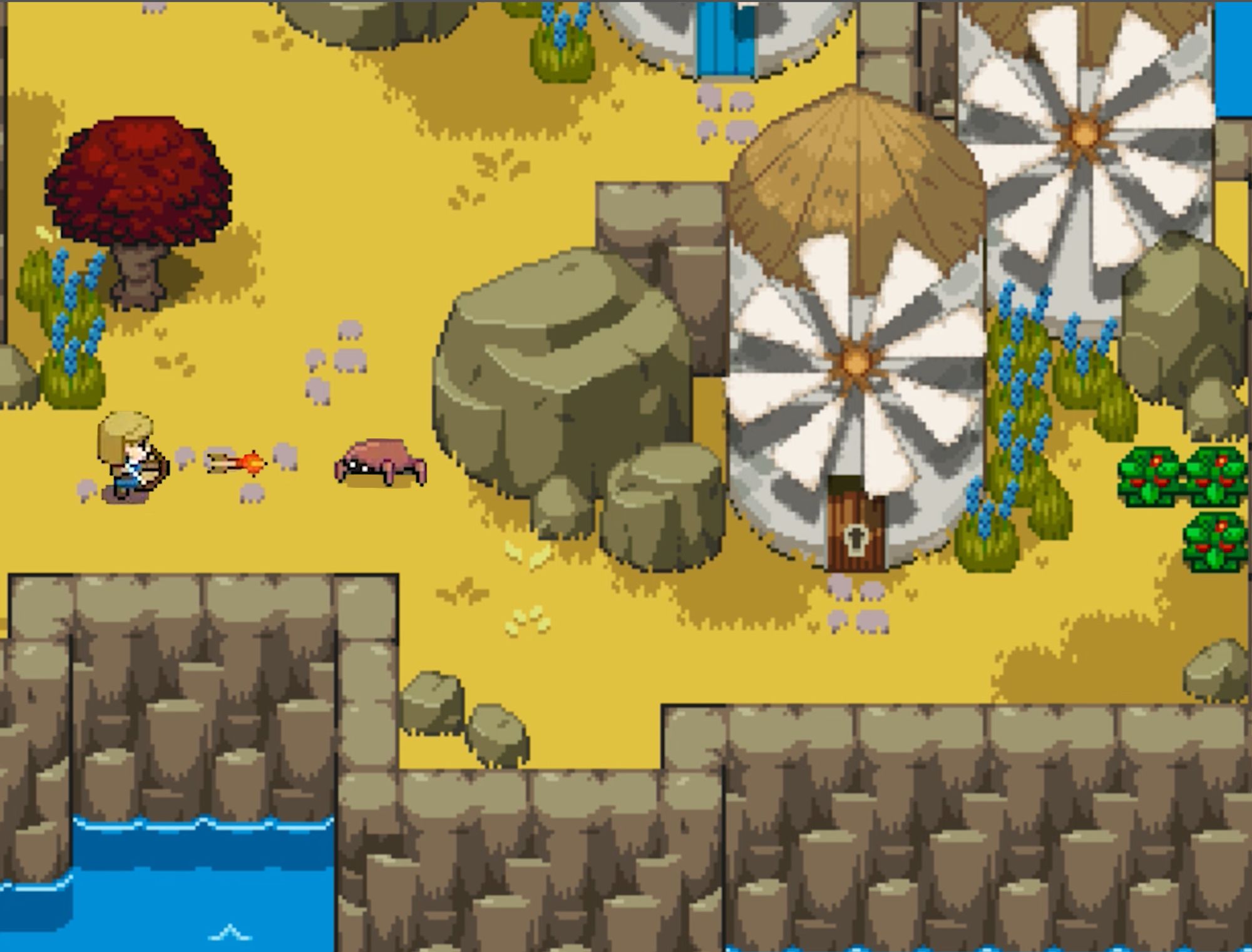 Screenshot of Ocean's Heart, fighting a crab enemy near a windmill