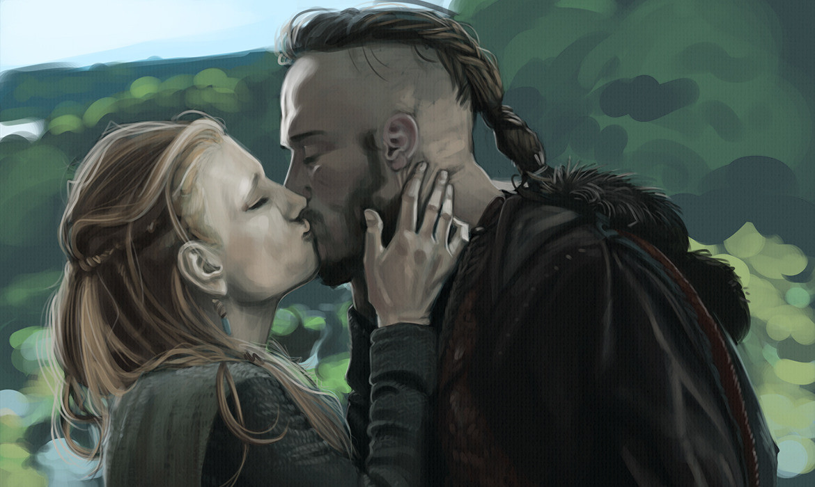 Digitale Malerei von einer Schildmaid, Lagertha, und einem Wikinger, Ragnar Lothbrok, die sich küssen.