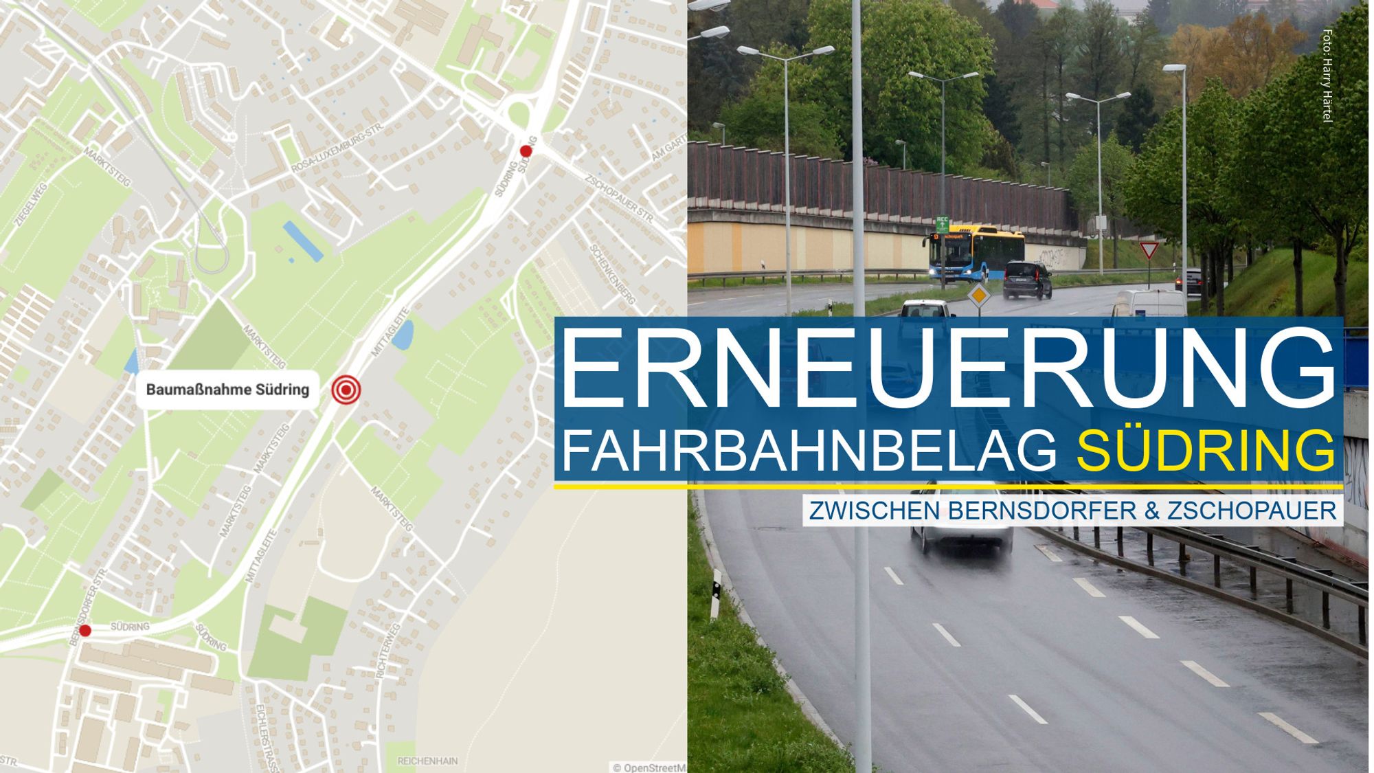 Zu sehen ist eine Foto des Südrings nebst einer Kartendarstellung. Sie markiert eine Baustelle. Ein Textfeld sagt: Erneuerung Fahrbahn Südring zwischen Bernsdorfer und Zschopauer Straße.