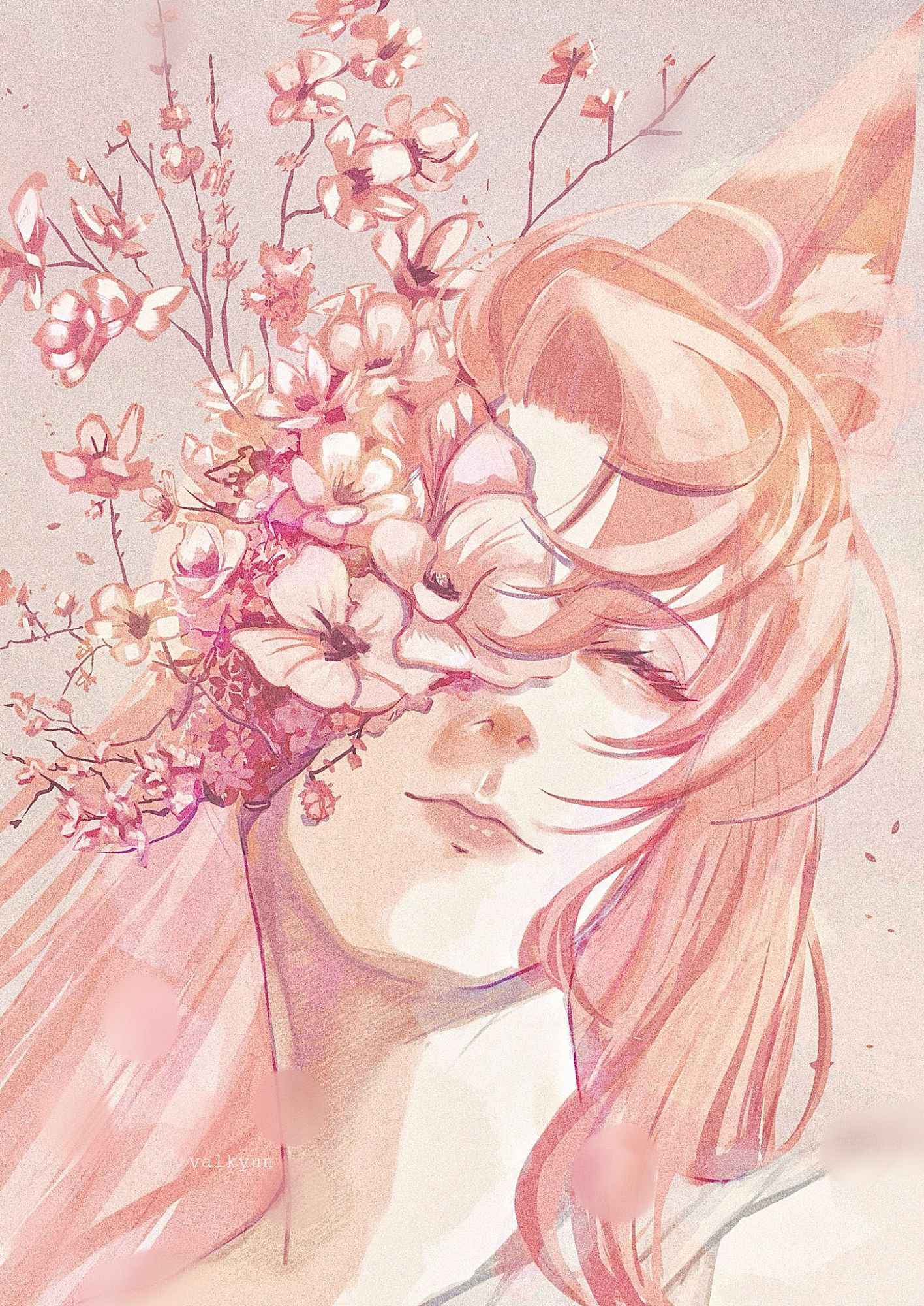 Fanart of Jiaoqiu like a porcelain bust shattered on one side with flowers blooming