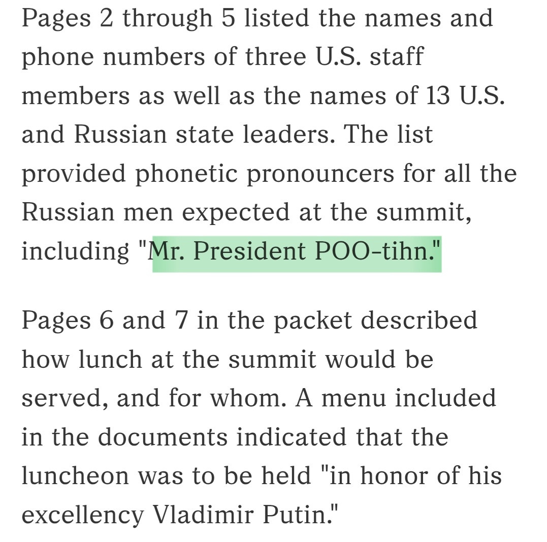 Screenshot of the linked page, showing part of the text that talks about the phonetic pronounces of Russian staff, highlighted is the pronounce for Putin, which reads "President POO-tihn"