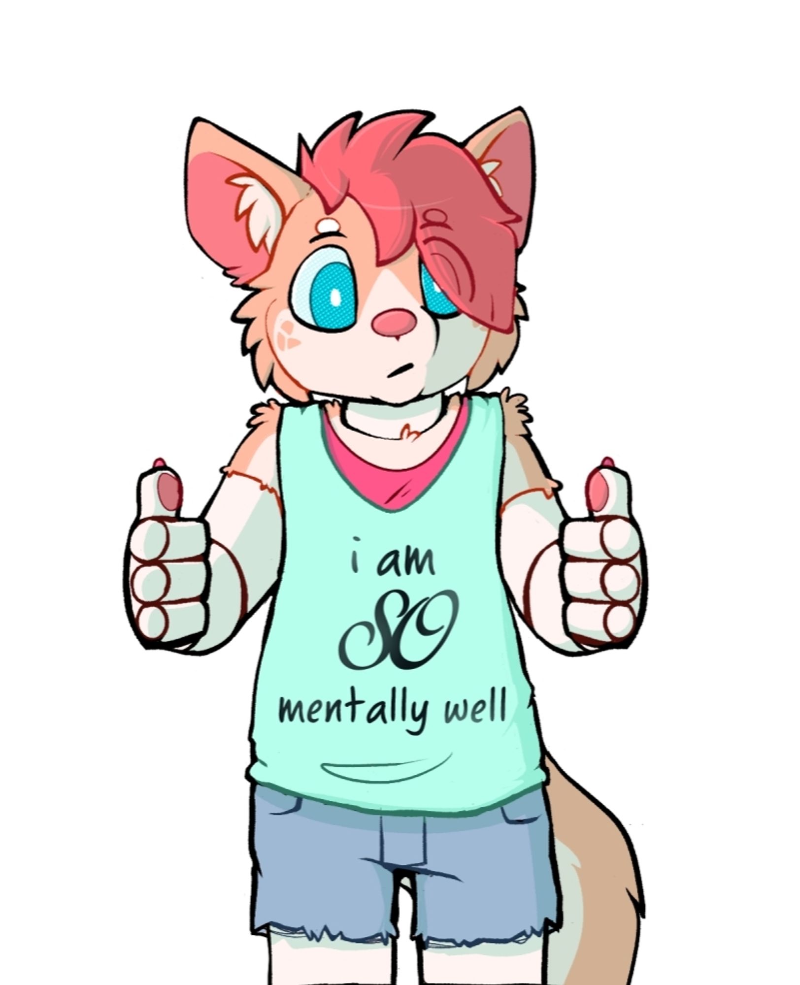 an orange and pink robot dog doing their best and wearing a shirt that says "I am SO mentally well"