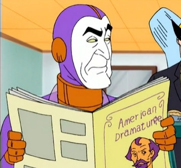 Frame from the cartoon Harvey Birdman, Attorney at Law, showing Evelyn Spiro Throckmorton, a rival attorney; a middle-aged man with bone-white skin and jet black arched eyebrows, wearing a purple hooded bodysuit with orange gloves, orange collar, and orange caps over his ears; he is holding open a magazine called "American Dramaturge" and looking disdainfully at someone off-camera