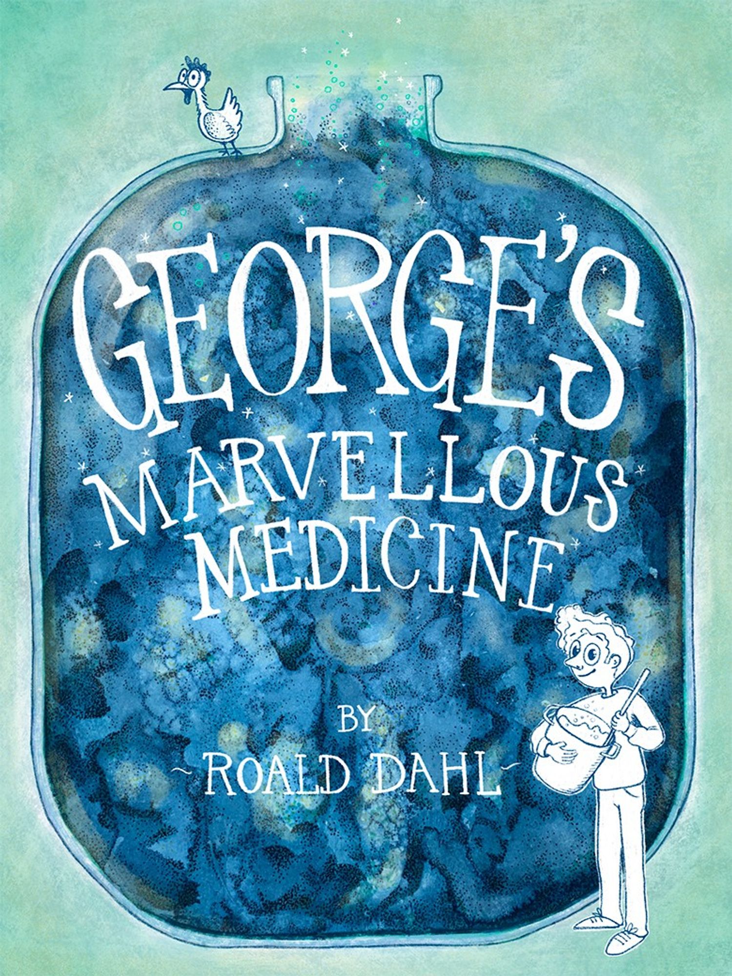 illustrated artwork for Georges marvellous medicine. Hand drawn typography with illustrations made in Procreate, on a blue swirly background made with watercolor and fine line ink.